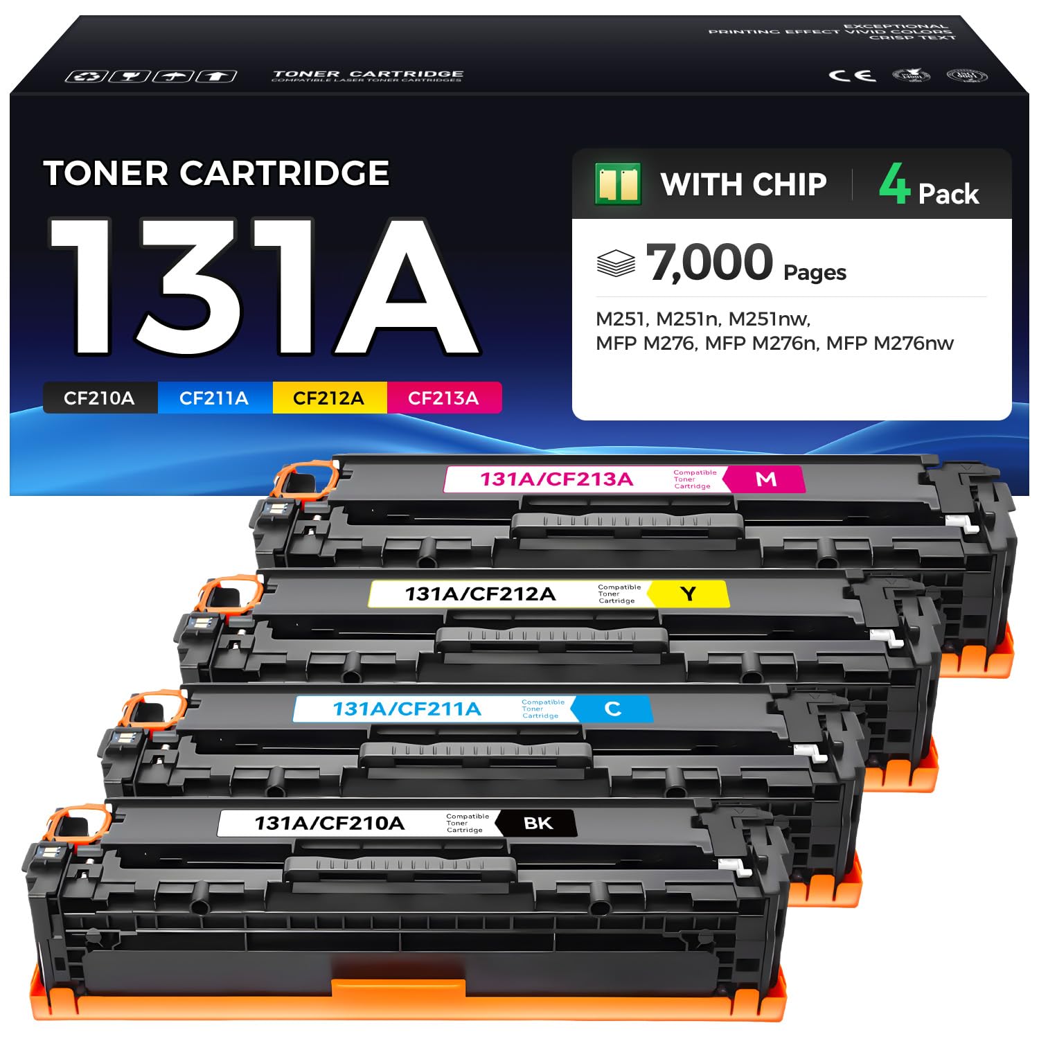 131A Toner Cartridge 4-Pack Black Cyan Yellow Magenta with Chip High Yield Replacement for HP 131A 131X Toner Compatible for HP LaserJet Pro 200 Color MFP M276nw M276n M251nw M251n Printer