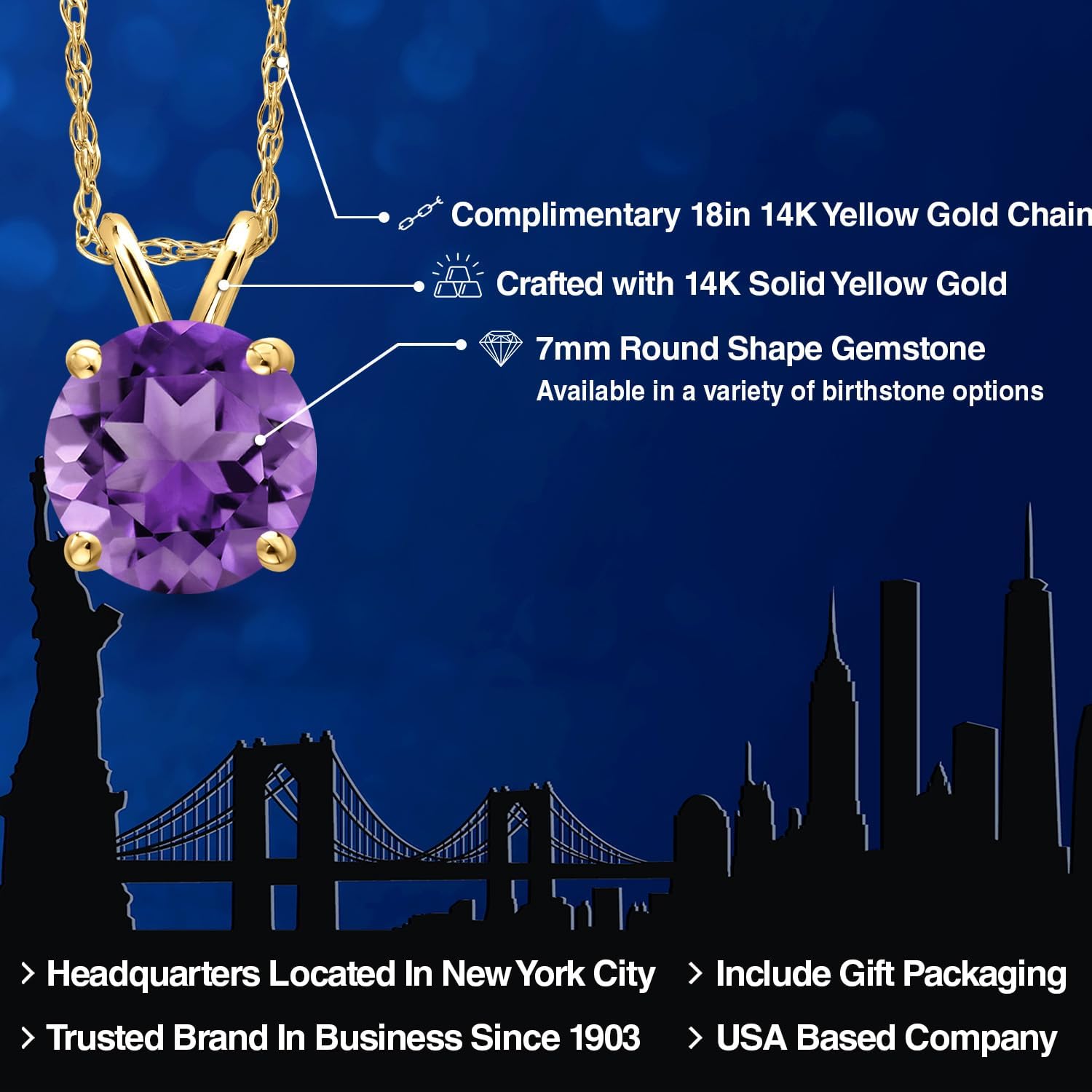 Gem Stone King 14K Yellow Gold Purple Amethyst Pendant Necklace for Women | 1.20 Cttw | Gemstone February Birthstone | Round 7MM | With 18 Inch Chain - Image 2