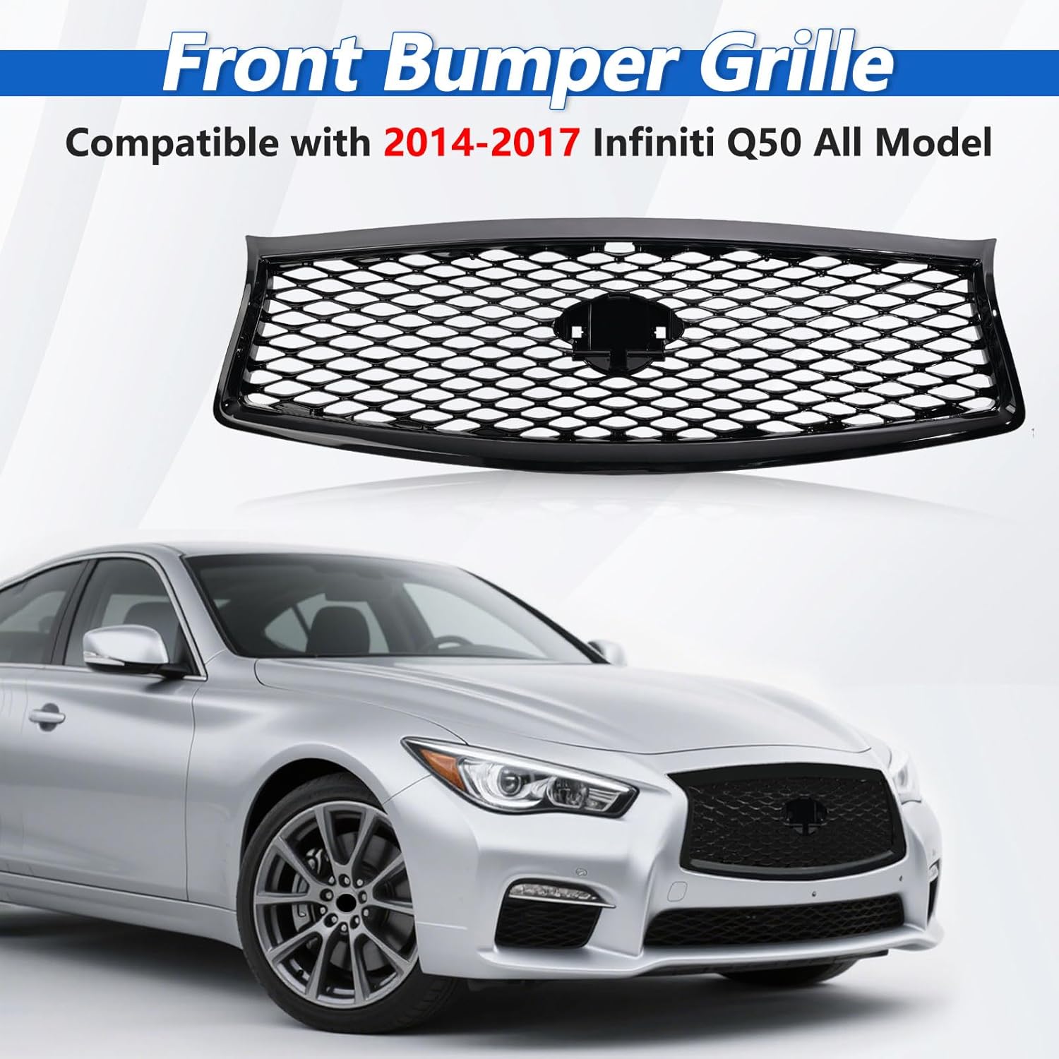 Front Bumper Grille Compatible with 2014-2017 Infiniti Q50 W/Camera Hole Air Inlet Black Grille