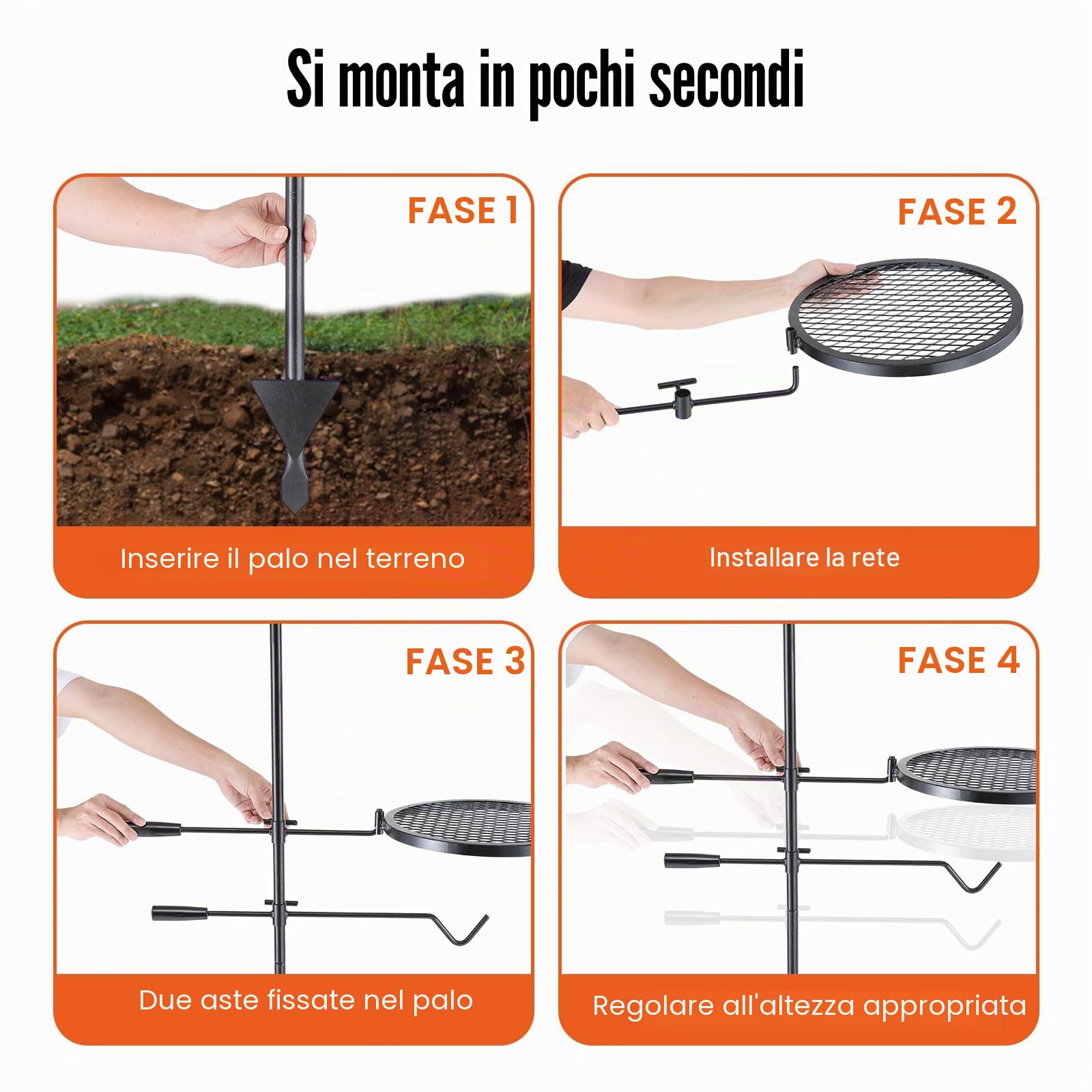 VEVOR Griglia Verticale Girevole per Fuoco all'Aperto da Campeggio Temperatura Max. 300 ℃, Griglia per Cottura su Fuoco Verticale da Campeggio Attività Esterno Altezza Regolabile Capienza Max. 6 kg