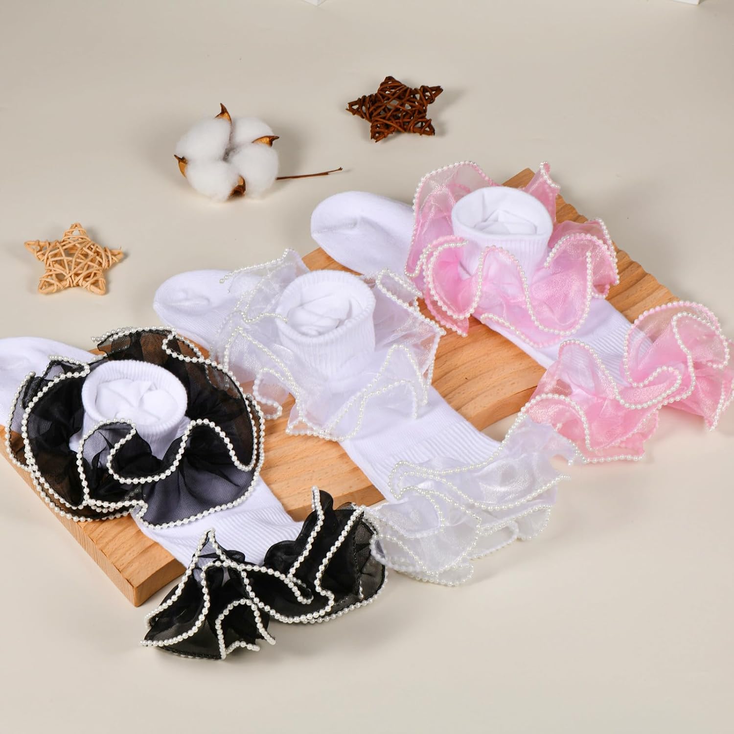 Girls Ruffle Socks, 3 Pairs White Pearls Lace Frilly Dress Socks, Big Turn Cuff Fancy Pageant Sock for Toddler 1-10 - Image 7