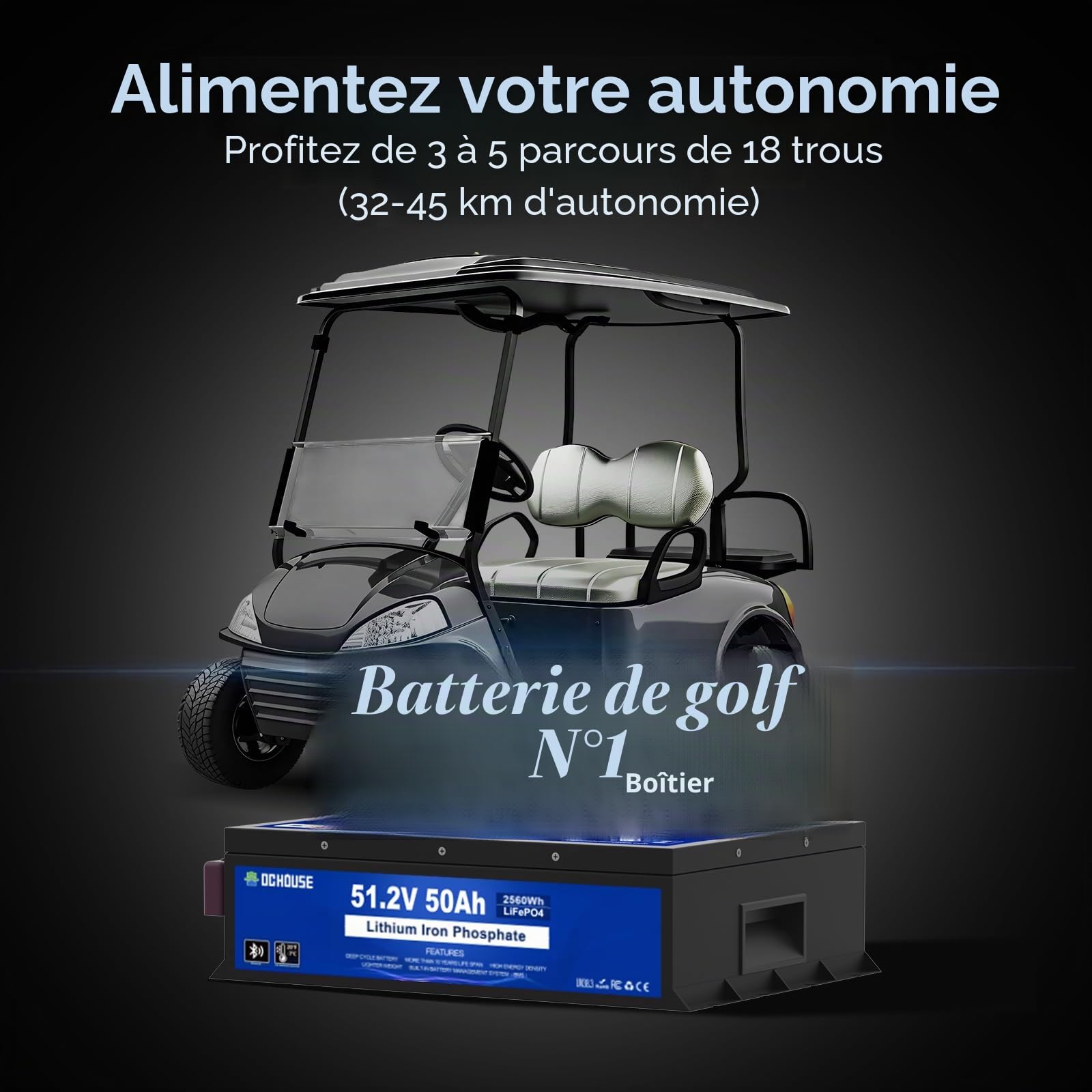Batterie LiFePO4 48 V 50 Ah pour chariot de golf, BMS 50 A intégrée, batterie au lithium avec cellules de classe A, parfaite pour les camping-cars, les chariots, les moteurs de trolling, les maisons