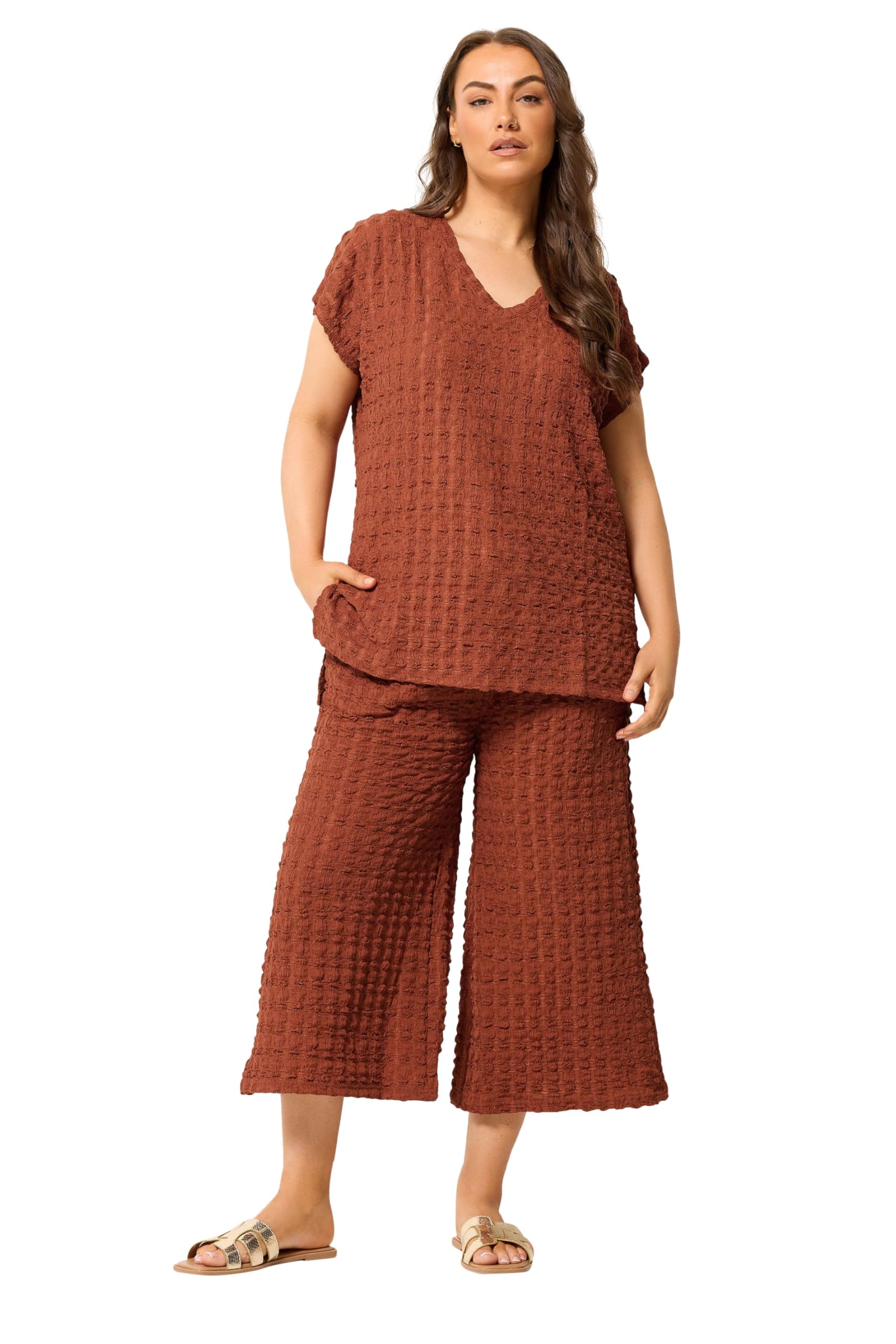 Yours Women's Burnt Orange Bubble Textured Cropped Trousers In Size 20
