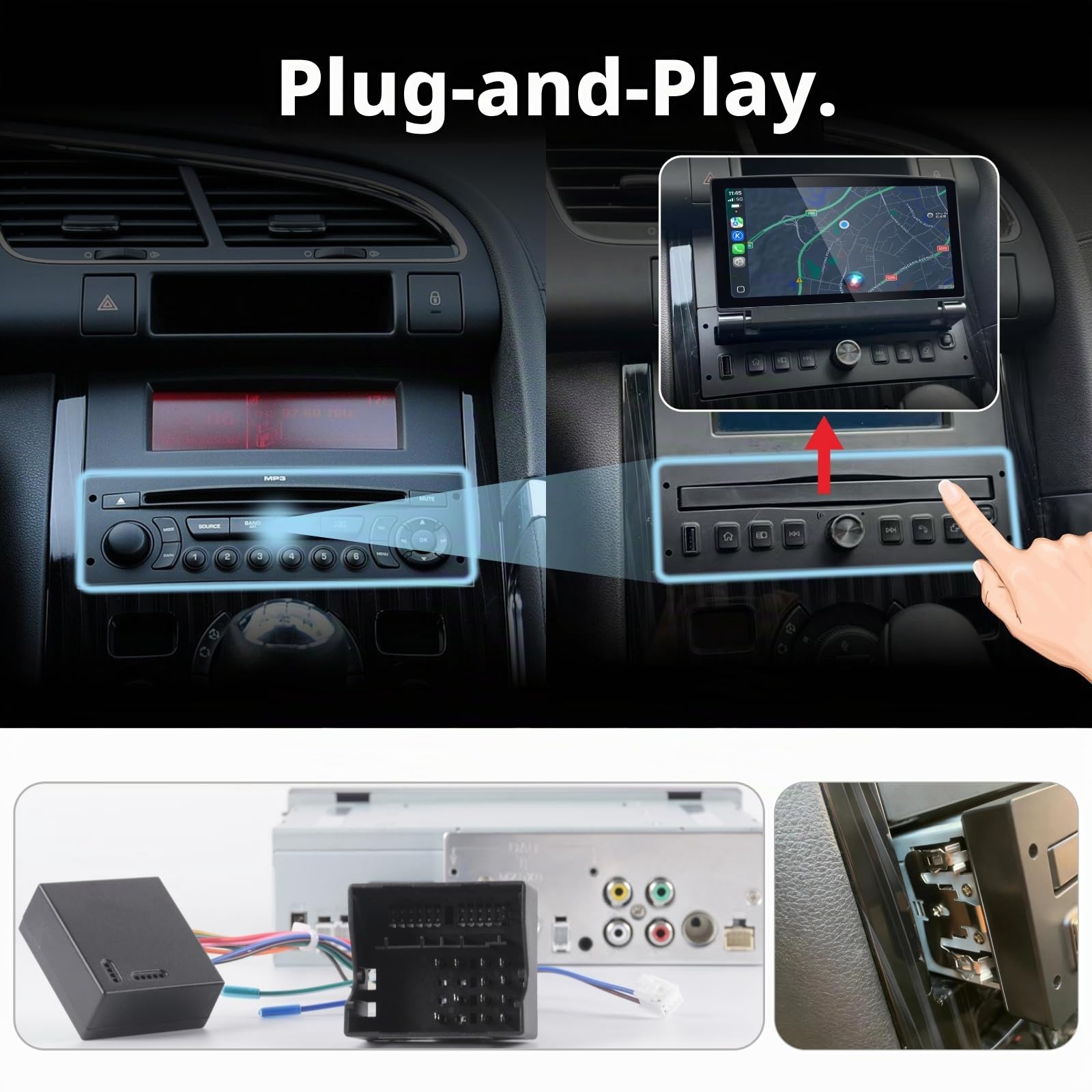 Linux Single DIN Autoradio für Peugeot 3008 206 207 308 Citroën C2 C3 C4 Picasso mit kabellosem CarPlay und Android Auto, ausklappbarem Touchscreen, Plug & Play, Bluetooth, FM/AM-Radio