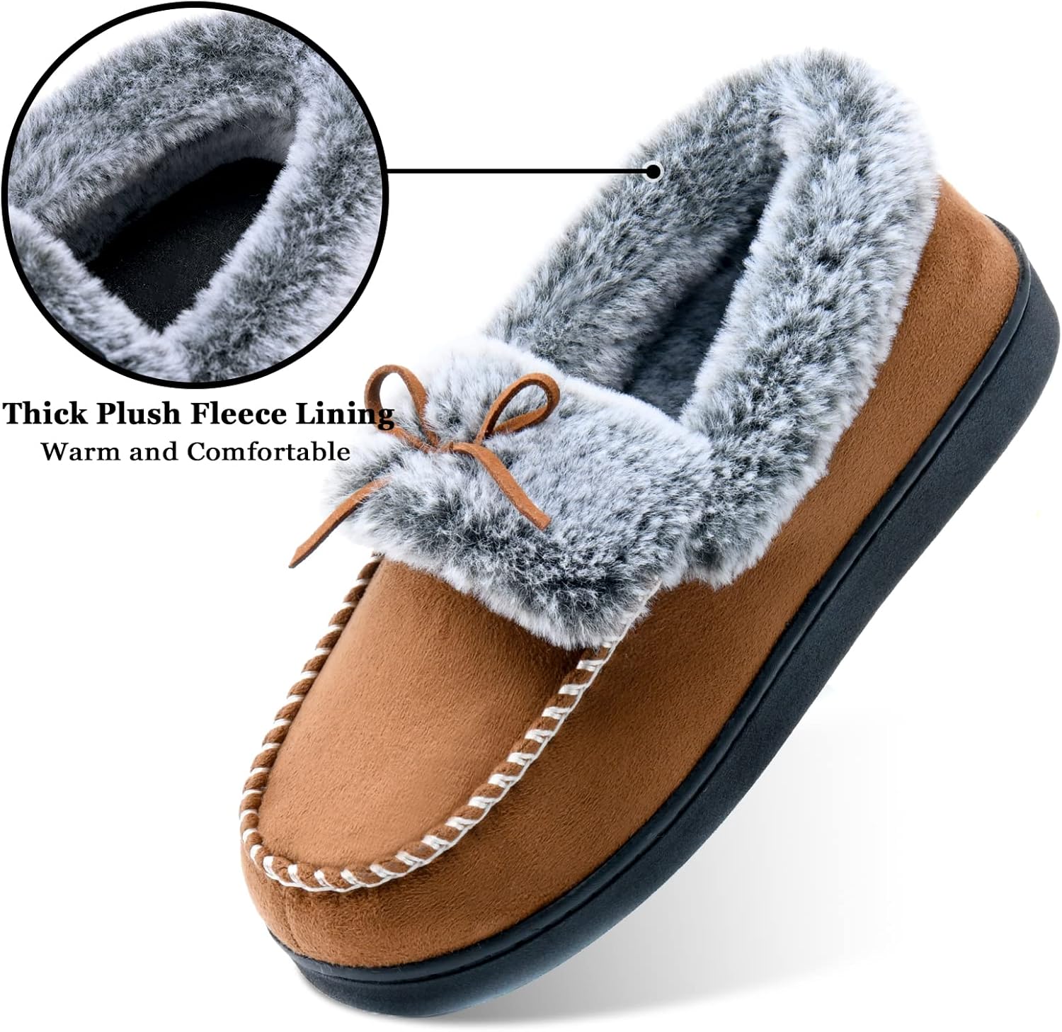 DL Women's Fuzzy Warm Moccasin Slippers Memory Foam, Soft Fluffy Winter House Closed Back Fur Lined, Cozy Ladies Suede Indoor Bedroom Houseshoes Non-Slip - Image 4