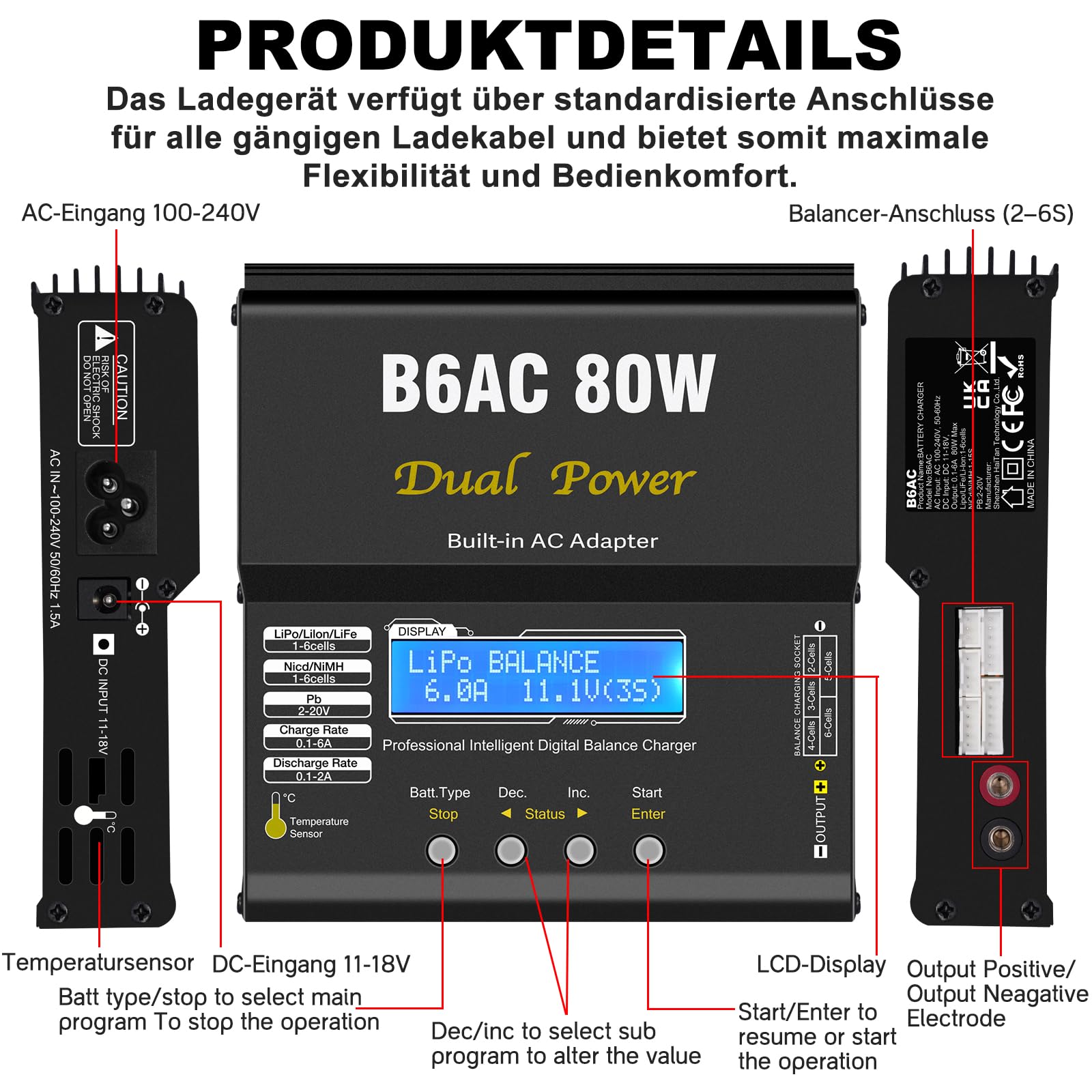 HTRC B6AC 6A LiPo Ladegerät Balancer 80W RC Akku Ladegerät für LiPo/Li-Ion/LiFe (1-6S), NiMH/NiCd (1-15S), PB (2-20V), LED-Display, 5 Speicherprofile, Metallgehäuse, XT60/T-Stecker/Tamiya/Krokoklemmen
