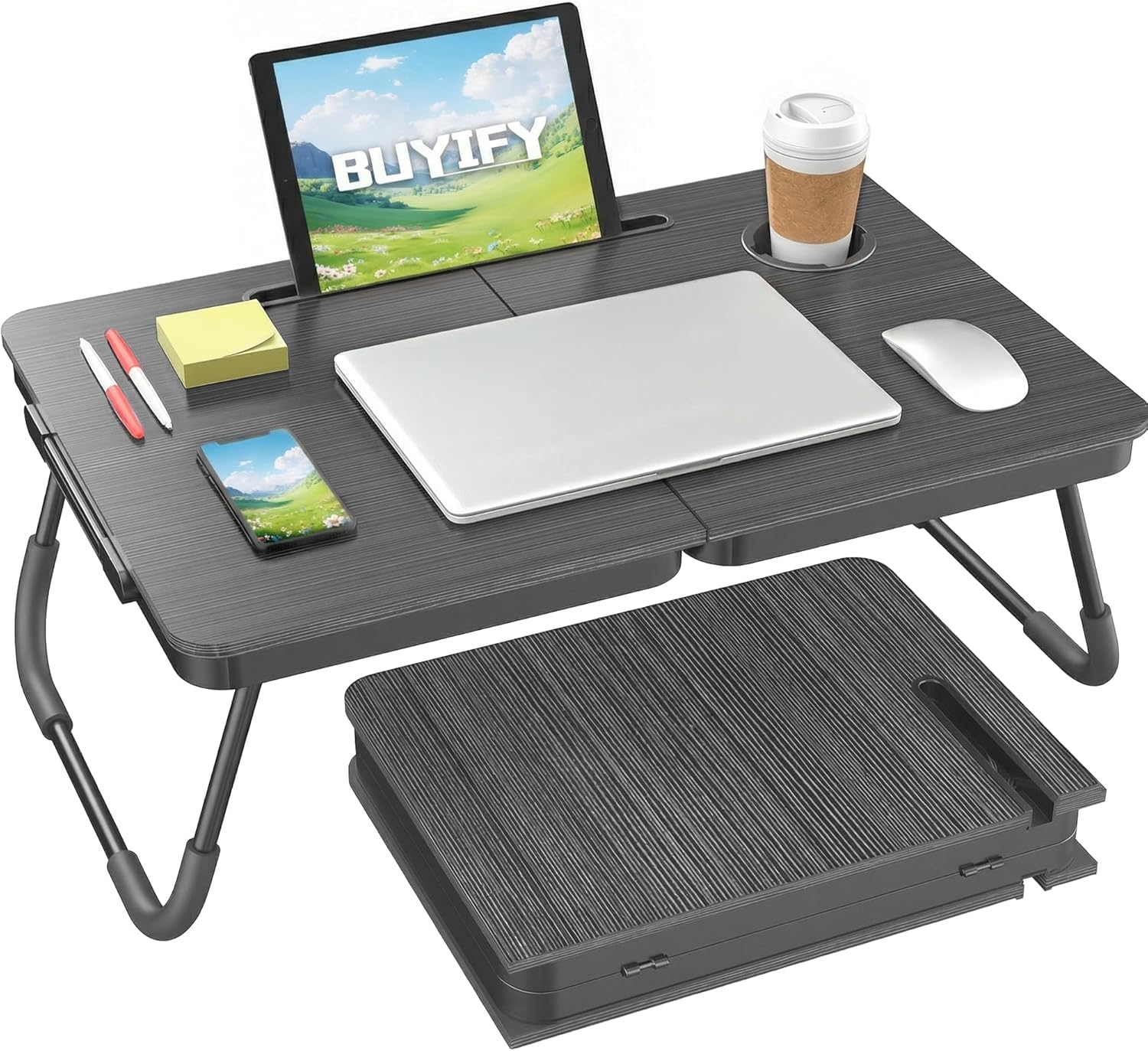 BUYIFY 23.4" Foldable Lap Desk Bed Table with Cup Holder Tray Charcoal
