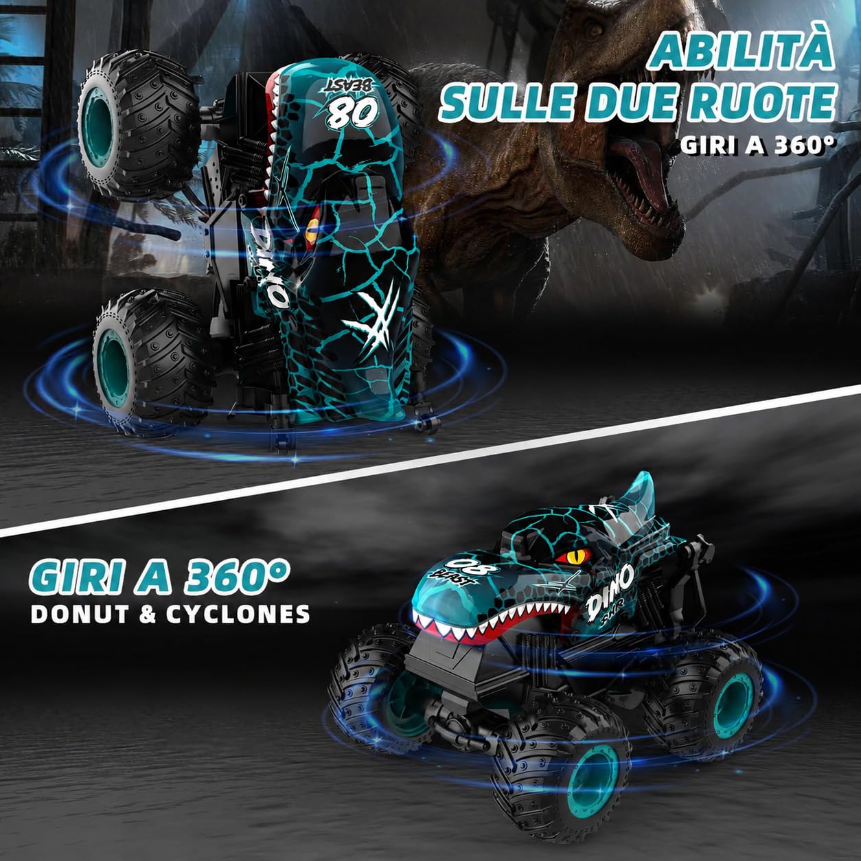 Macchina Telecomandata, 2.4GHZ Monster Truck Telecomandato, Macchina Telecomandata per Bambini con Luce LED, Musica, Camion Telecomandato Drift 360° Rotazione, Regalo Bambina Bambino 4 5 6 7 8 9 anni