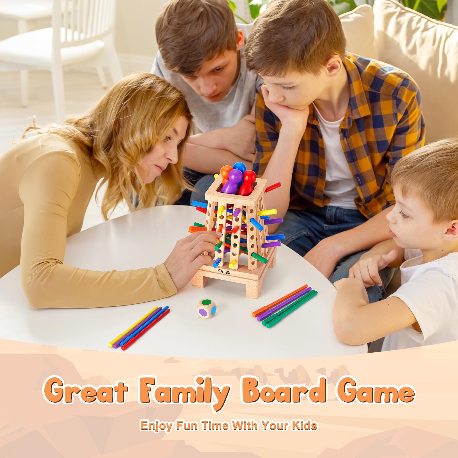 Jeux Montessori Jeu de Société en Bois pour Garçons Filles, Jeu de Tour en Bois avec Bâtons Colorés et Dés Jouets Éducatifs Famille Jeux Voyage Cadeau Enfant 3 4 5 6 7 8 9 Ans