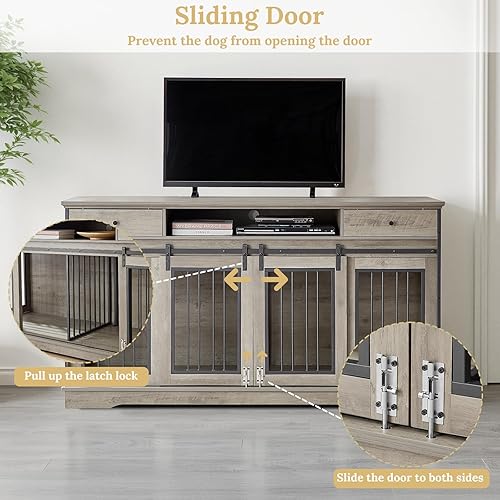 Miniatura 6 de Rovibek Muebles de jaula doble para perros de 66 pulgadas, jaula decorativa 2 en 1 para 2 perros con cajón y divisor extraíble, mesa auxiliar para