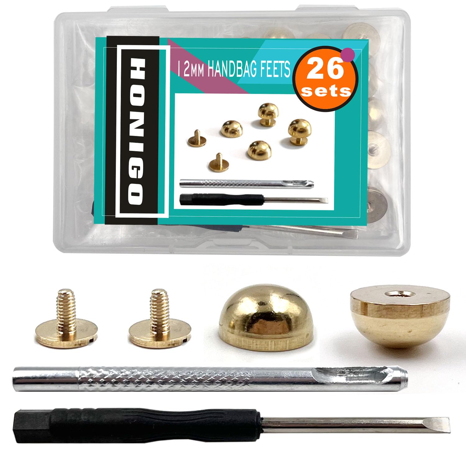Photo 1 of *opened* Honigo 24 Pcs Gold Rivets Stud Handbag Purse Feet 1/2 inch Round Metal Solid Brass Studs Screw Back Feet 12mm Buckle Spikes Leathercraft for Leather Bag Totes DIY Craft