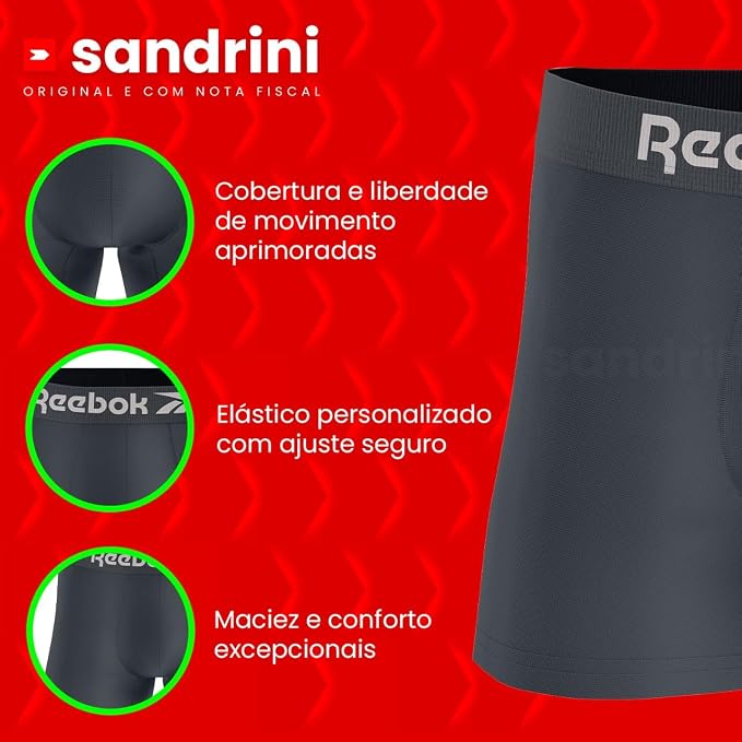 Detalhes das cuecas boxer Reebok com ícones: cobertura e liberdade aprimoradas, elástico personalizado com ajuste seguro e maciez e conforto excepcionais.