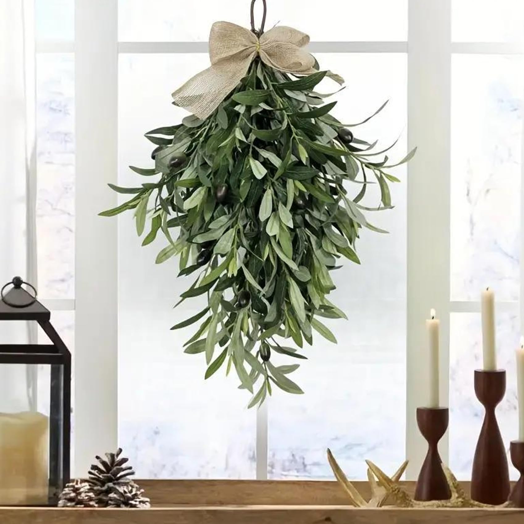 Olivenkranz, 61 cm, künstlicher Olivenzweig-Kranz, hängender Tropfen-Swag mit Juteschleife, Haustür, Wand, Fenster, Hochzeit, Bauernhaus, Heimdekoration