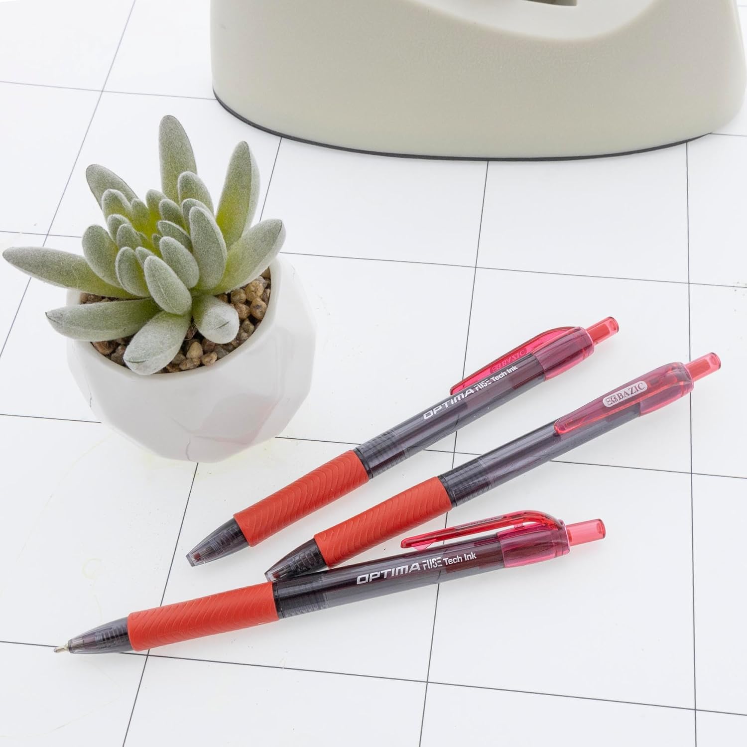 BAZIC Products Oil Gel Fuse Tech Ink Retractable Pen Optima Red Color, 0.7 mm Medium Point Soft Grip Smooth Writing, for Office School (3/Pack), 24-Pack