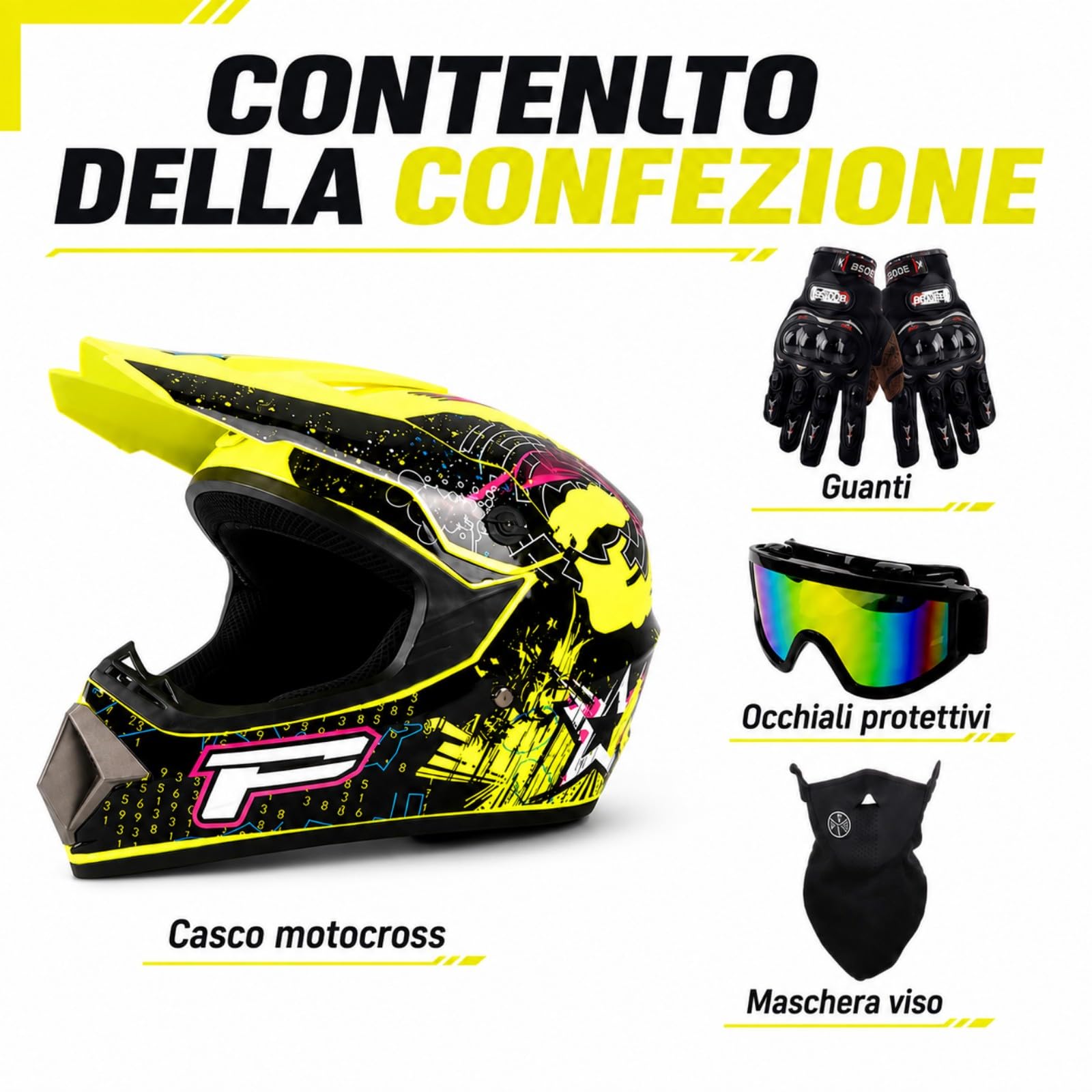 Set Casco Cross Integrale giallo neon e nero con Occhiali e Guanti