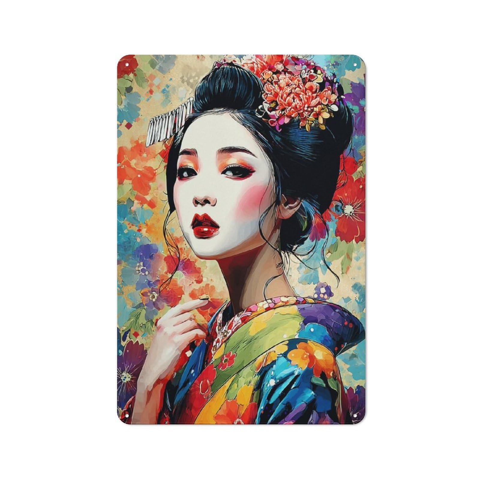 Junmoney Colorful Geisha Portrait Loft Style Metal Wall Decor 30X20cm, Decorative Metal Plaque For Loft, Studio, Office Or Creative Room