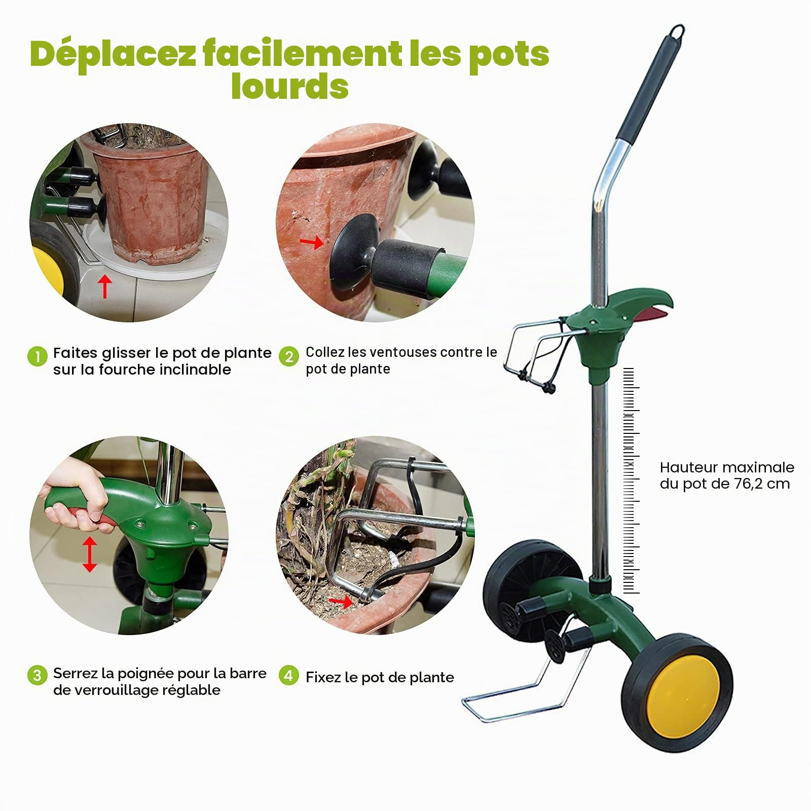 Déménageur de pot de jardin avec poignée réglable – Chariot robuste avec roues robustes sans plat et ventouses antidérapantes, capacité de poids maximale de 75 kg