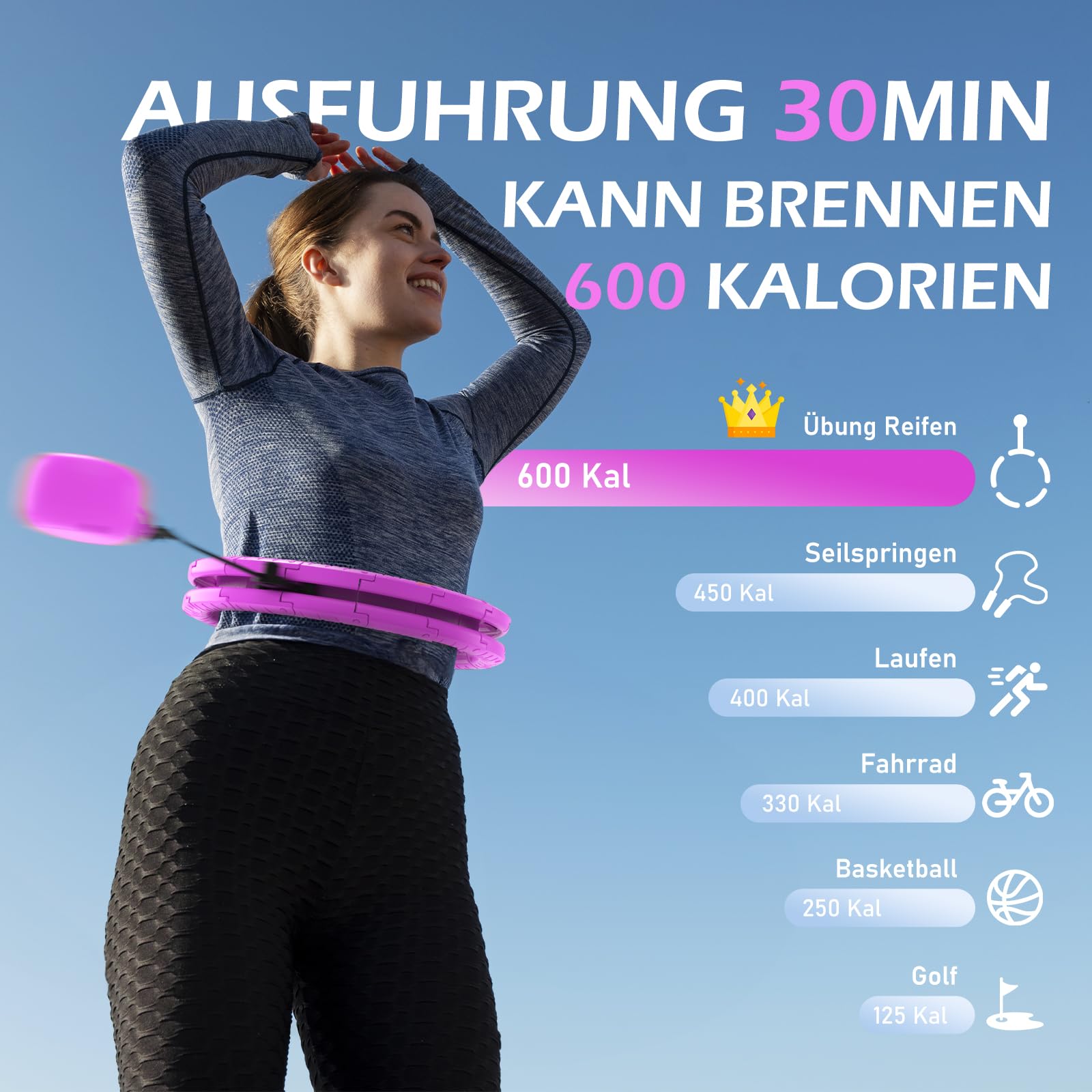 JLoibao Smart Hoop opona dla dorosłych z kulką obciążeniową, obwód 24 węzłów (77-132 cm), zdemontowana opona fitness, hula hub do odchudzania, dla dorosłych i początkujących
