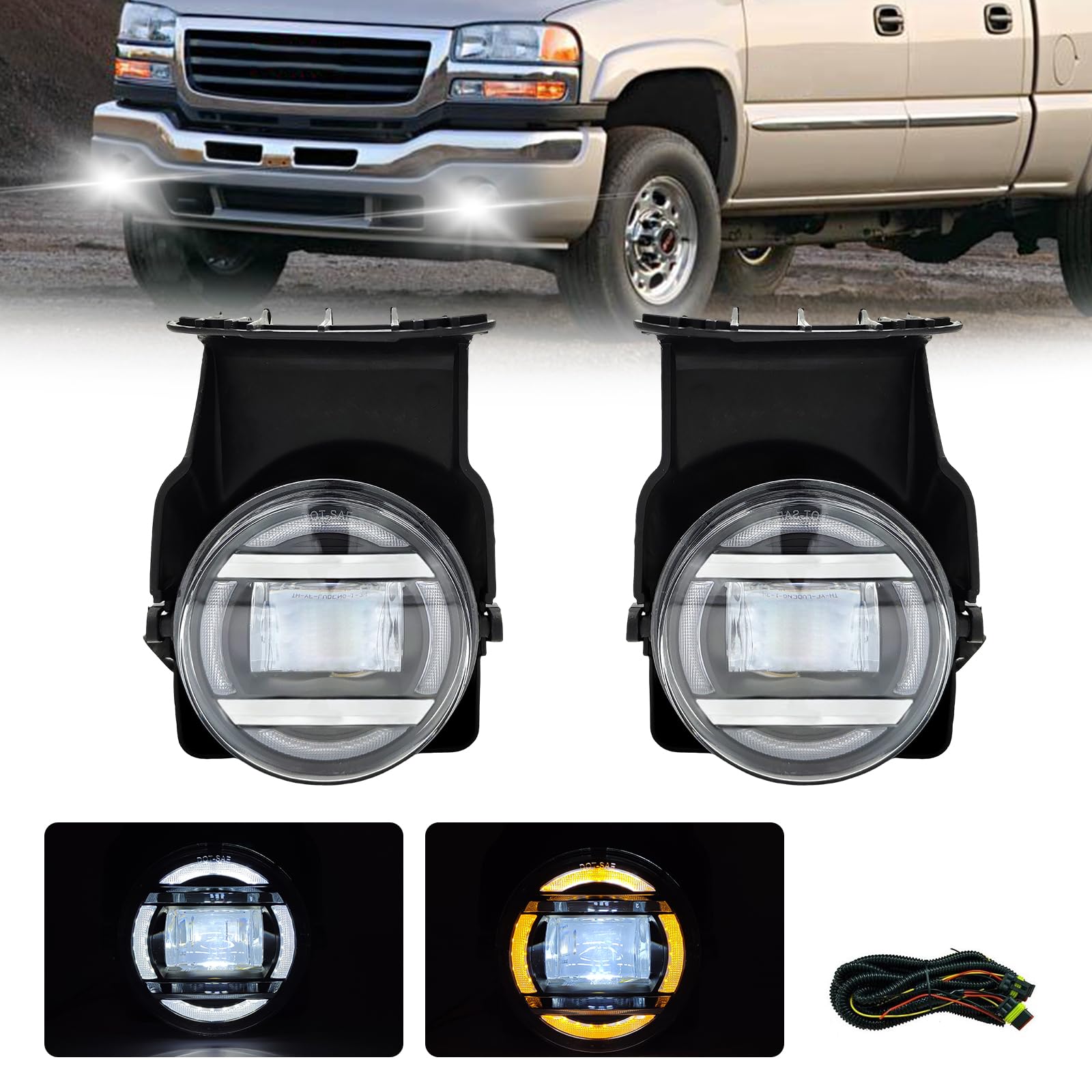 LED&DRL Fog Lights Compatible with 2003-2006 GMC Sierra 1500 2500 3500 1 Pair Front Driving Fog Lamps With Daytime Running Lights and Turn Signal Lights- Chrome Trim