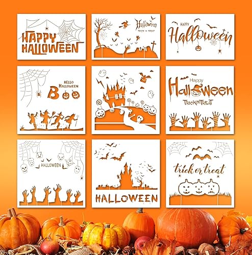 9 plantillas de Halloween para pintar en pared de madera, patrones creativos de bricolaje, plantilla de dibujo de Halloween, decoración de