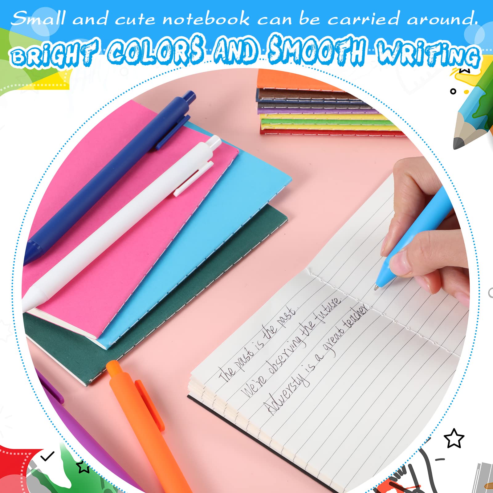Sabary Mini-Notizbuch und Stift, liniert, kleiner Taschen-Notizblock, einziehbarer Kugelschreiber, Tagebuch, Notizblock, 24 Blatt/48 Seiten, 8,9 x 14,9 cm, für Studenten, Lehrer, Geschenk (bunt)