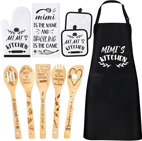 Leyndo Juego de 10 piezas de regalo de cocina Mimi, incluye delantal de cocina de algodón, manoplas de horno, soporte para ollas de bambú, espátula