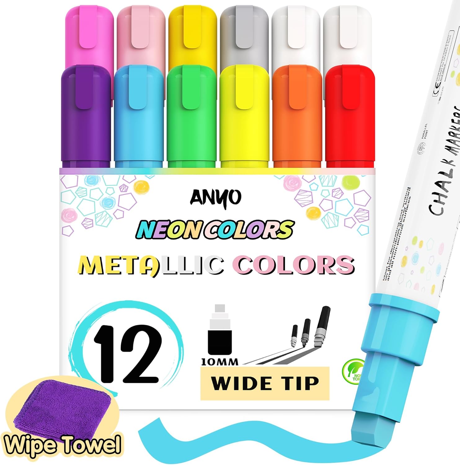 Anyo 12 Pack Chalk Markers for Blackboard, Window Paint with 10mm 3-in-1 Wide Nib Tip, Metallic & Neon Color Wet Erase Window Markers for Glass Washable, Glass, Mirror, Blackboard, Bistro, Menus