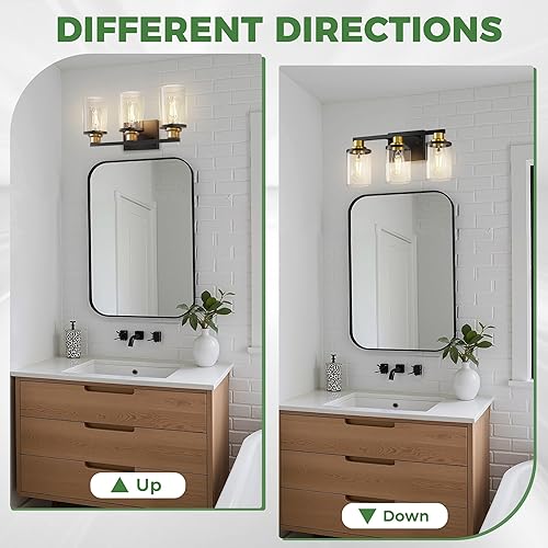 Miniatura 6 de DORESshop Lámparas de baño, 3 luces negras y doradas para baño sobre espejo con pantalla de vidrio transparente, luces de tocador para baño,