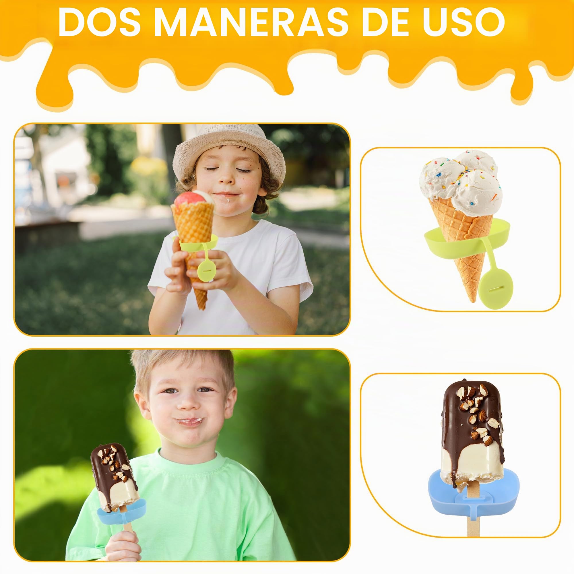 4 Piezas Soporte para Helado Antigoteo, Soporte para Paletas Reutilizables con Caja de Almacenamiento, Porta Paletas de Silicona para Niños para Conos de Helado(Rojo, Verde, Azul, Amarillo)
