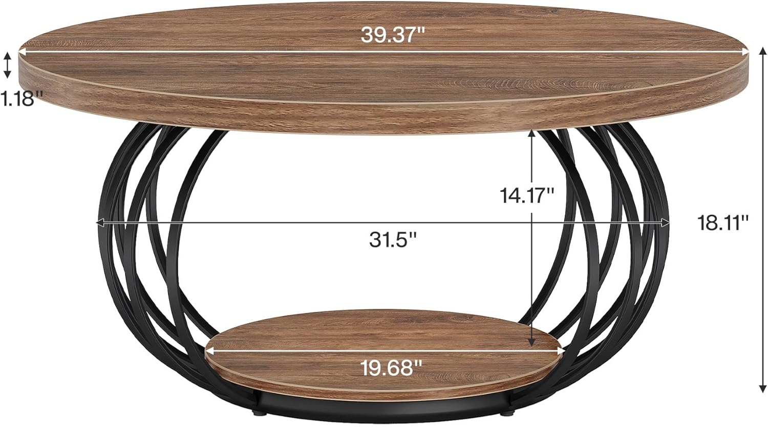 Tribesigns Round Coffee Table for Living Room, 39.4" Industrial Wooden 2-Tier Circle Accent Center Cocktail Table with Storage Shelf and Metal Frame, Rustic Brown & Black