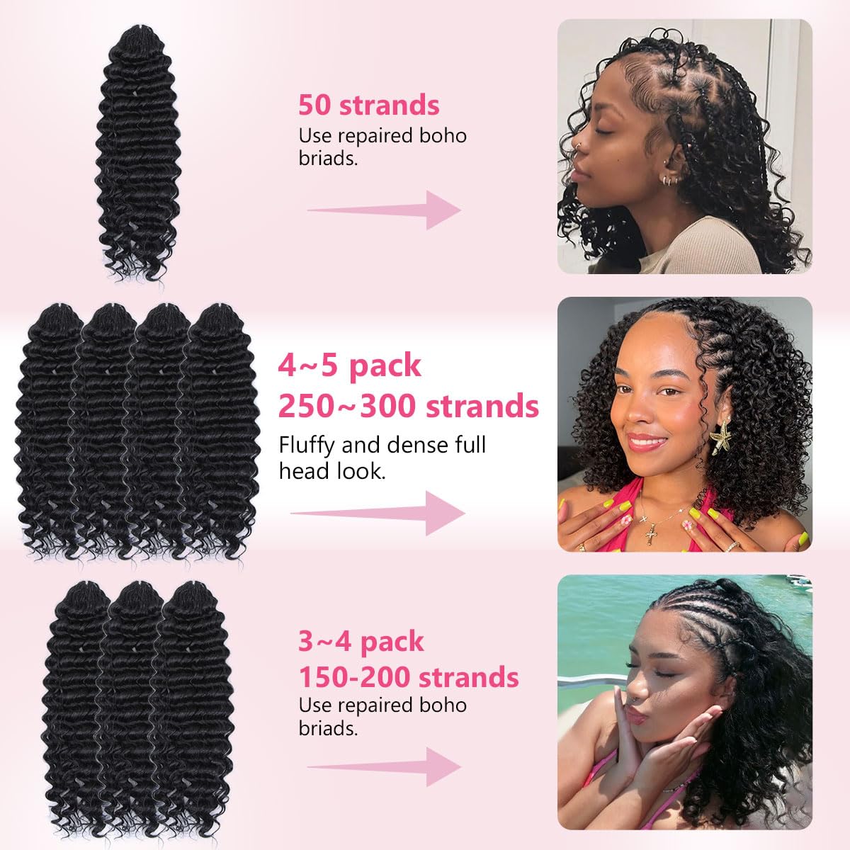 Feather Crochet Hair Extensions with Miracle Knots, Deep Wave