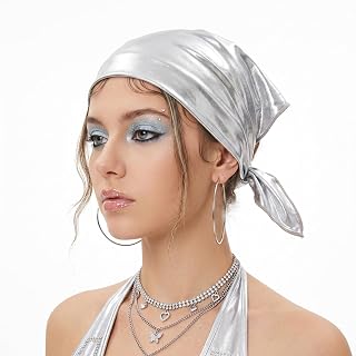 Metallic Shiny Silver Head Scarf Silver Bandana for Women | 23.6 inch square sparkly head scarf for grunge disco party concert festival