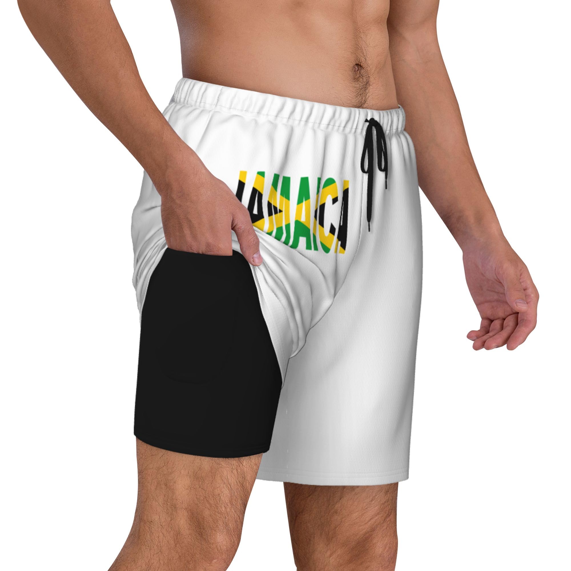 peiyeety Mens Swim Trunks with Compression Liner Beach Board Shorts Quick Dry Swimming Short -Jamaican Flag Black