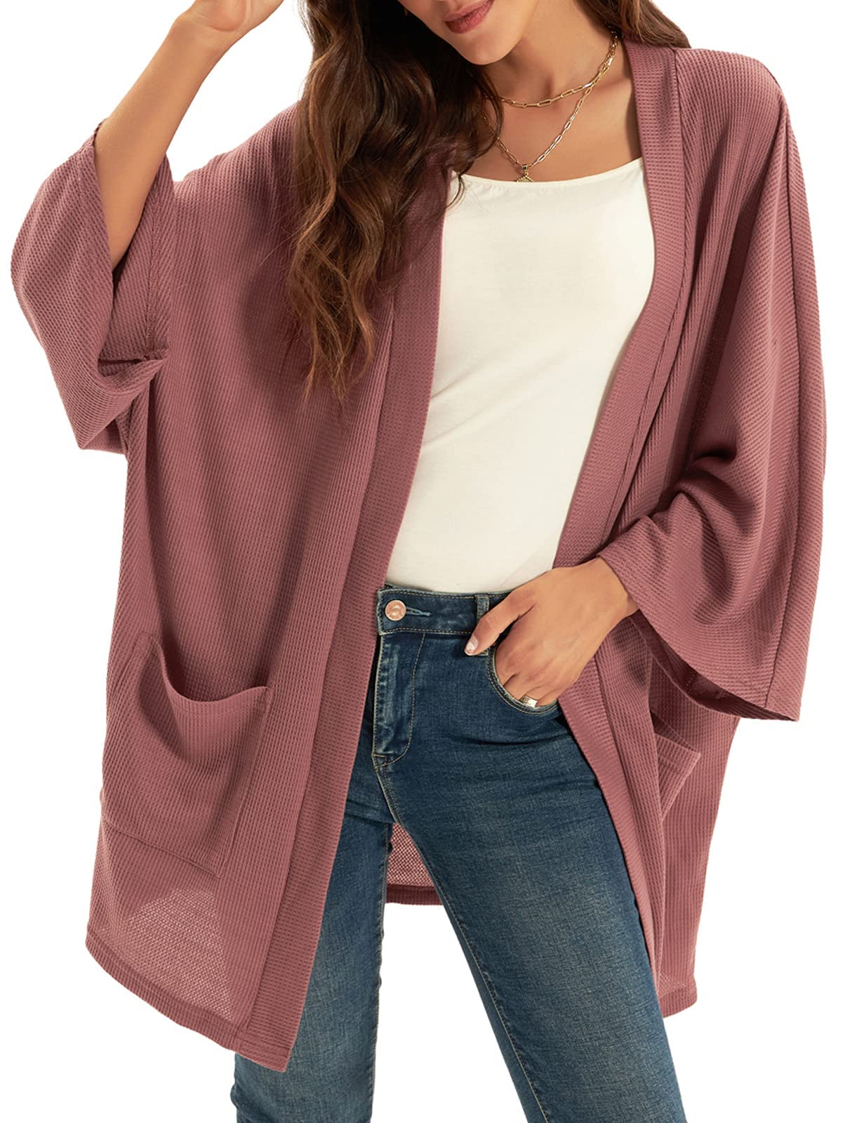 GRACE KARIN Womens Cardigan Sweater Kimonos Solid Color Oversized Summer Open Front Outwear Mauve Red L