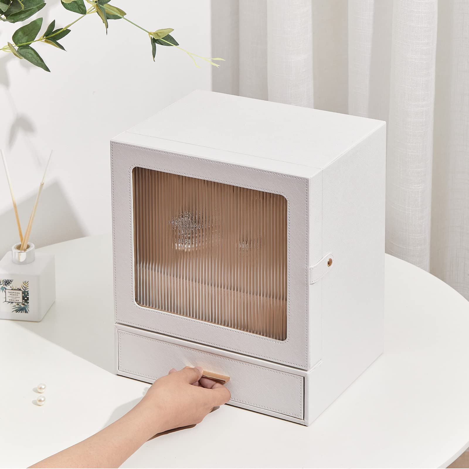 Meerveil Schmuckkasten, Schmuckkästchen mit 10 Ebenen, PU Leder, Große Kabinett Schmuckschatulle, Schmuckkasten mit Schubladen, Geschenk für Mädchen und Damen, Changhong-Glas, Weiß