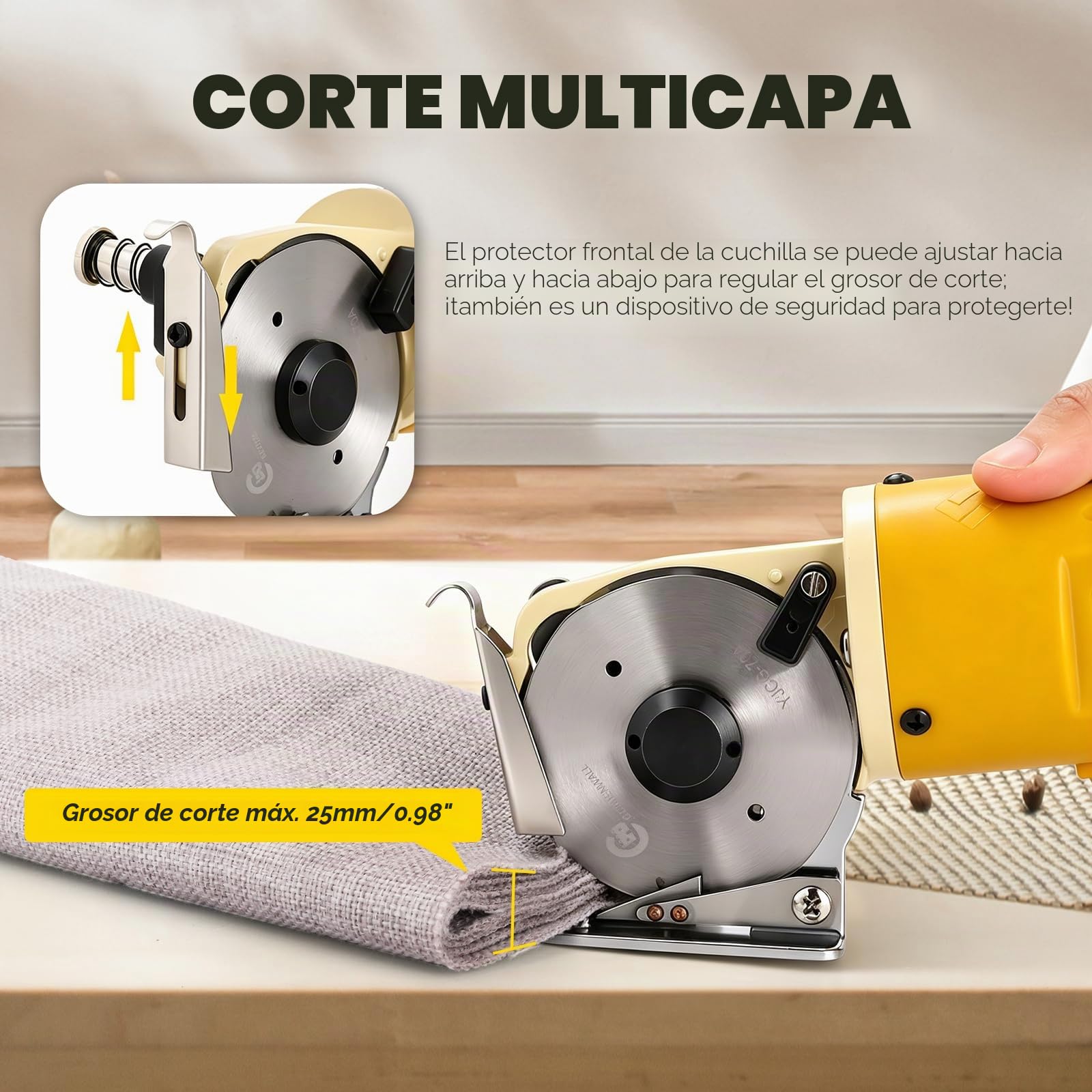 CGOLDENWALL YJ-70A Cortador de Tela Eléctrico Portátil Tijera Eléctrico Redondo Cortador de Gamuza Multiuso Ideal para Textil Cuero Papel con Cuchilla de Diámetro 125mm 220V