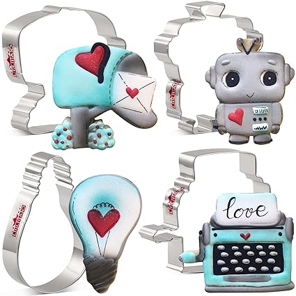 LILIAO Valentines Day Cookie Cutter Set, 4-pc, Mailbox, Typewriter, Light Bulb, Robot Biscuit Cutters, Stainless Steel, by J.Cookies
