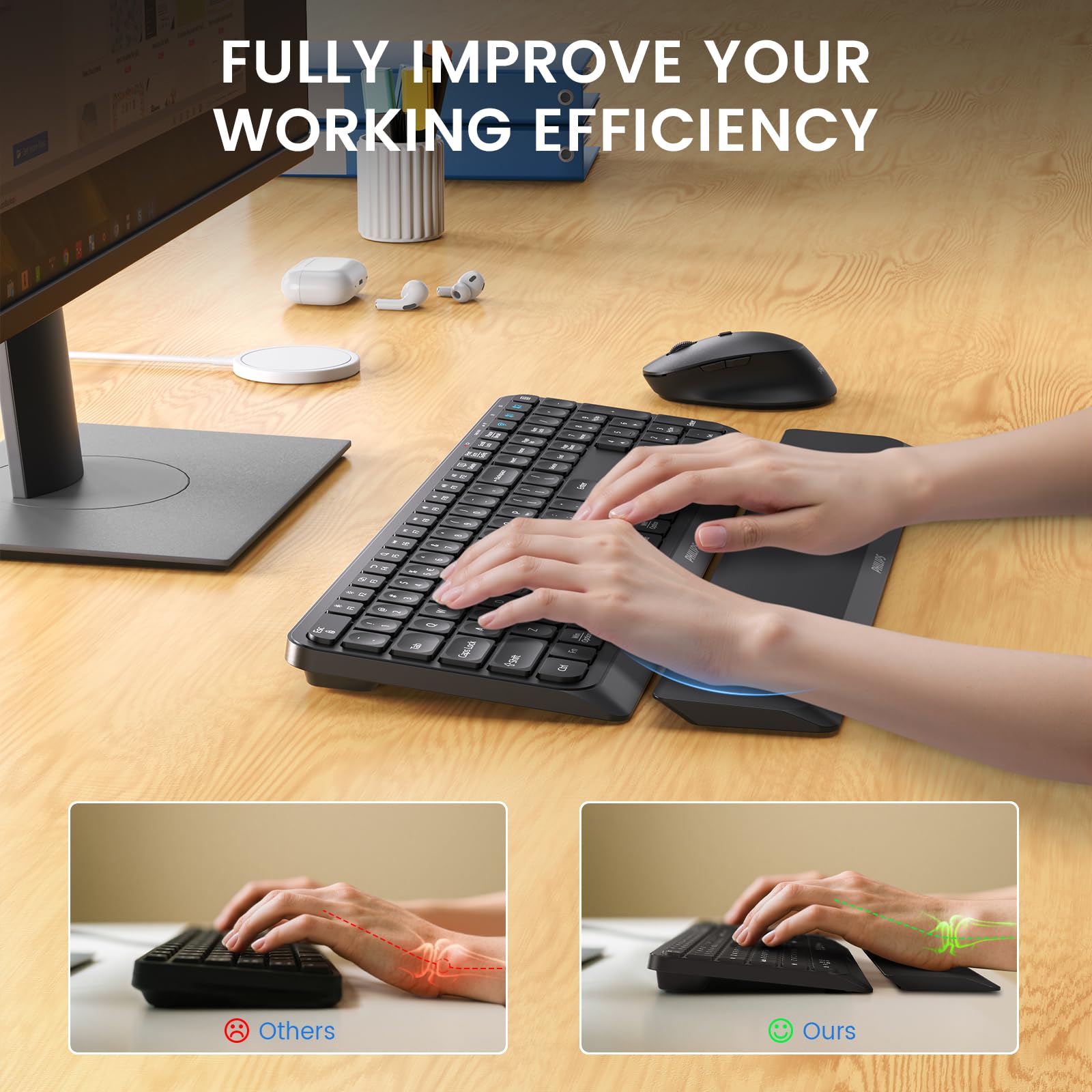 PHILIPS Bluetooth Keyboard and Mouse Combo - Bluetooth 2.4Ghz Wireless Keyboard and Mouse,Ergonomic Design with Palm Rest,3-Device Connectivity, 5 DPI Mouse, Long Battery for Office & Home - SPT6607