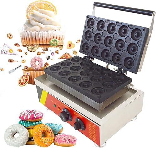 INTBUYING 15 piezas Mini Dount Maker Máquina eléctrica comercial de gofres Donut Machine 32.0 F-572.0 F 1750W Calefacción de doble cara