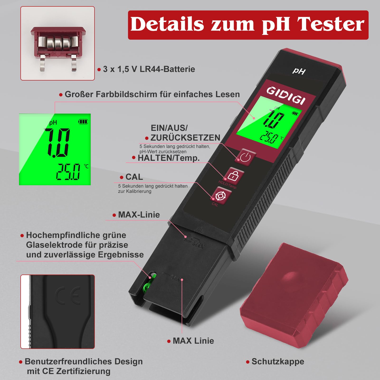 Digitales pH Messgerät für Wasser mit LED, pH-Tester mit Farb-LED-Bildschirm, ATC, für Pool, Hydrokultur, Spa, Aquarium, Trinkwasser