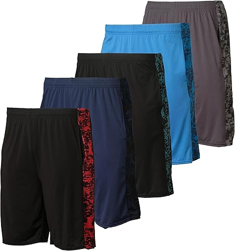 Real Essentials - Paquete de 5 shorts deportivos para hombre, shorts de rendimiento deportivo con tela Dry-Fit resistentes al sudor