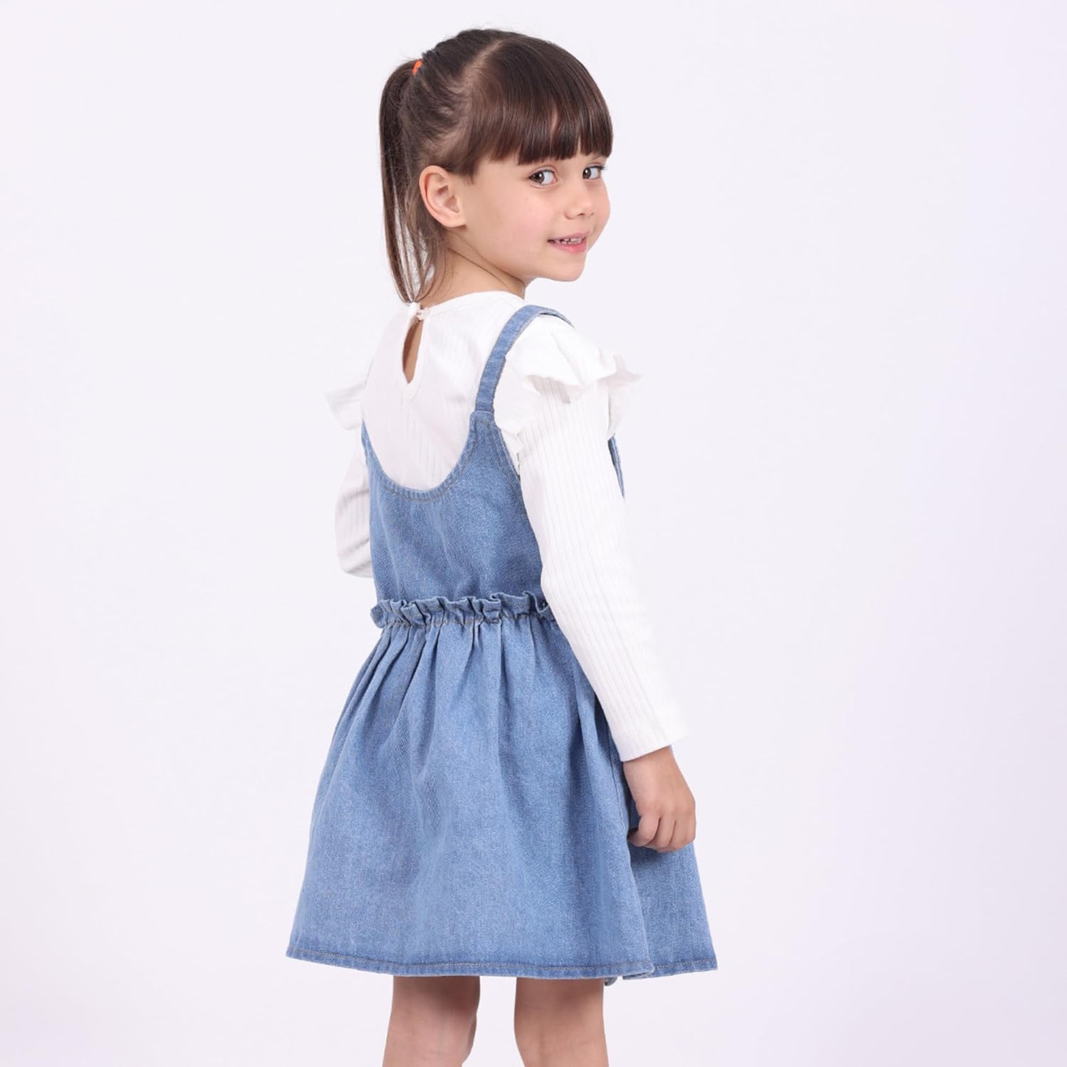 POLLİTO Set for Girls Denim Pinafore Dress and Sweatshirt | Ruffled Sweatshirt and Denim Pinafore Dress | Outfits for Girls - Image 4