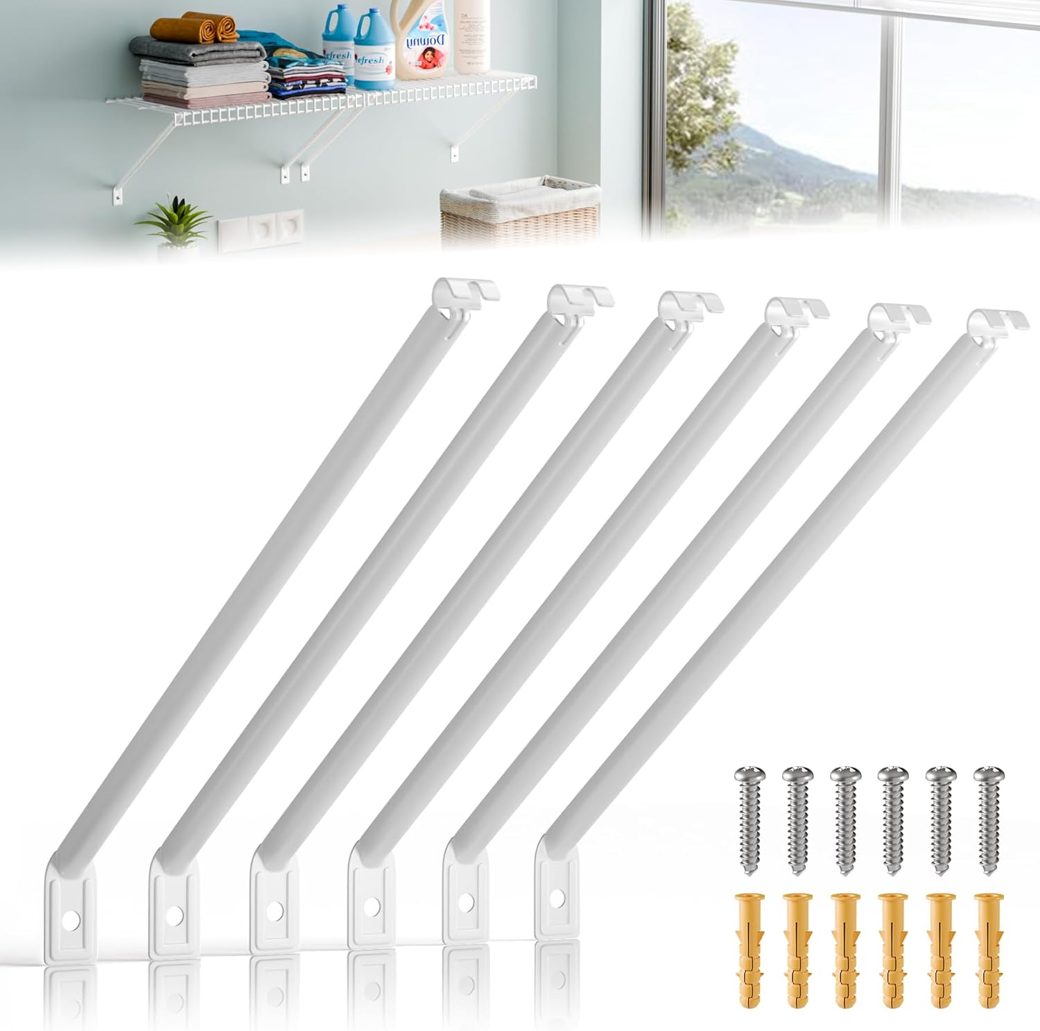 6 Pcs Wire Shelving Support Brackets 12in Wire Shelf Support Bracket,Reinforced Anti-Sag Design with Anchors & Pins – Strong Closet Shelf Brackets for Closet, Pantry & Storage (White)