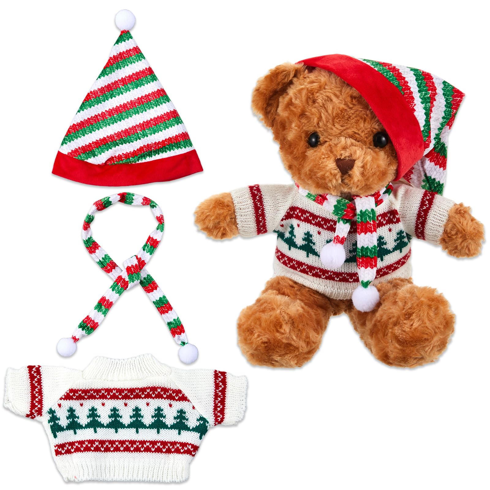 Shyyween Set of 3 Christmas Bear Clothes Christmas Tree Sweater Hat Scarf Fits 12-16 Inch Bear Stuffed Animal, Stuffed Animal is Not Included(Cute Style)