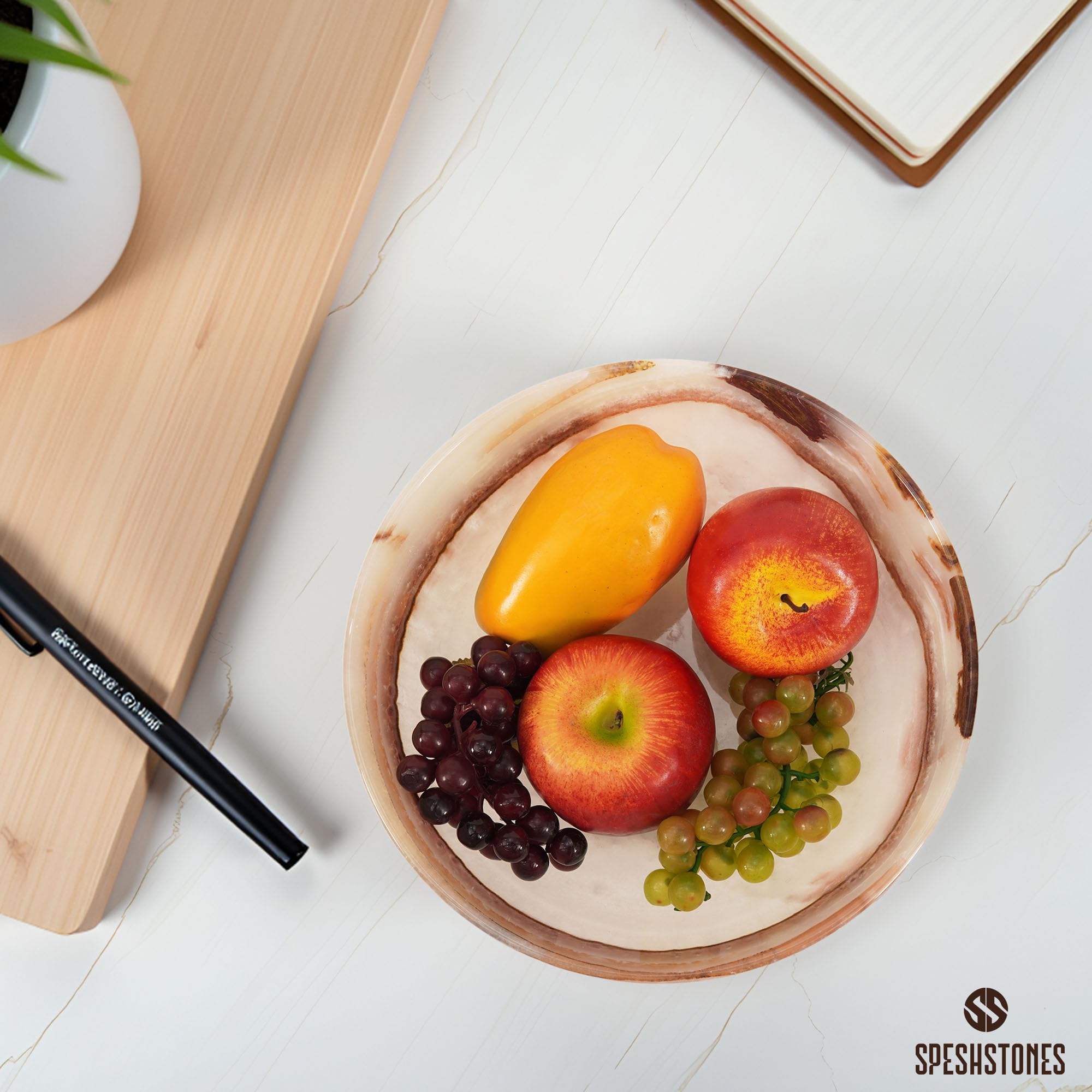 SPESHSTONES Ciotola per frutta in marmo da 25,4 cm in onice bianco fatto a mano, piatto decorativo per frutta, snack e bancone da cucina, ideale per sala da pranzo e decorazione di