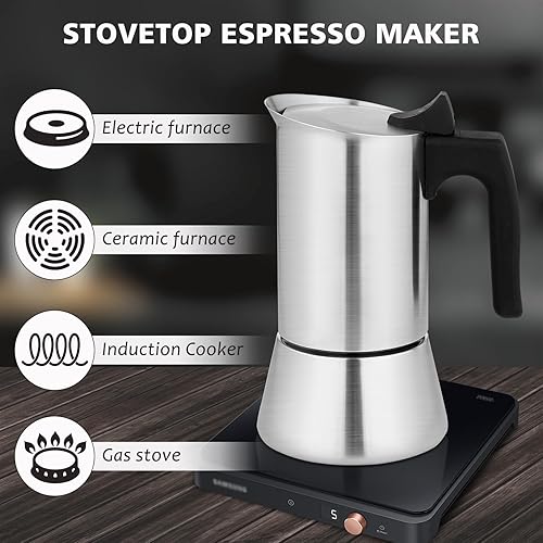 Miniatura 6 de Cafetera de café expreso de acero inoxidable para estufa, 9 tazas de café expreso, 15.2 fl oz15 onzas (taza de expreso 1.7 fl oz)1.7 onzas,
