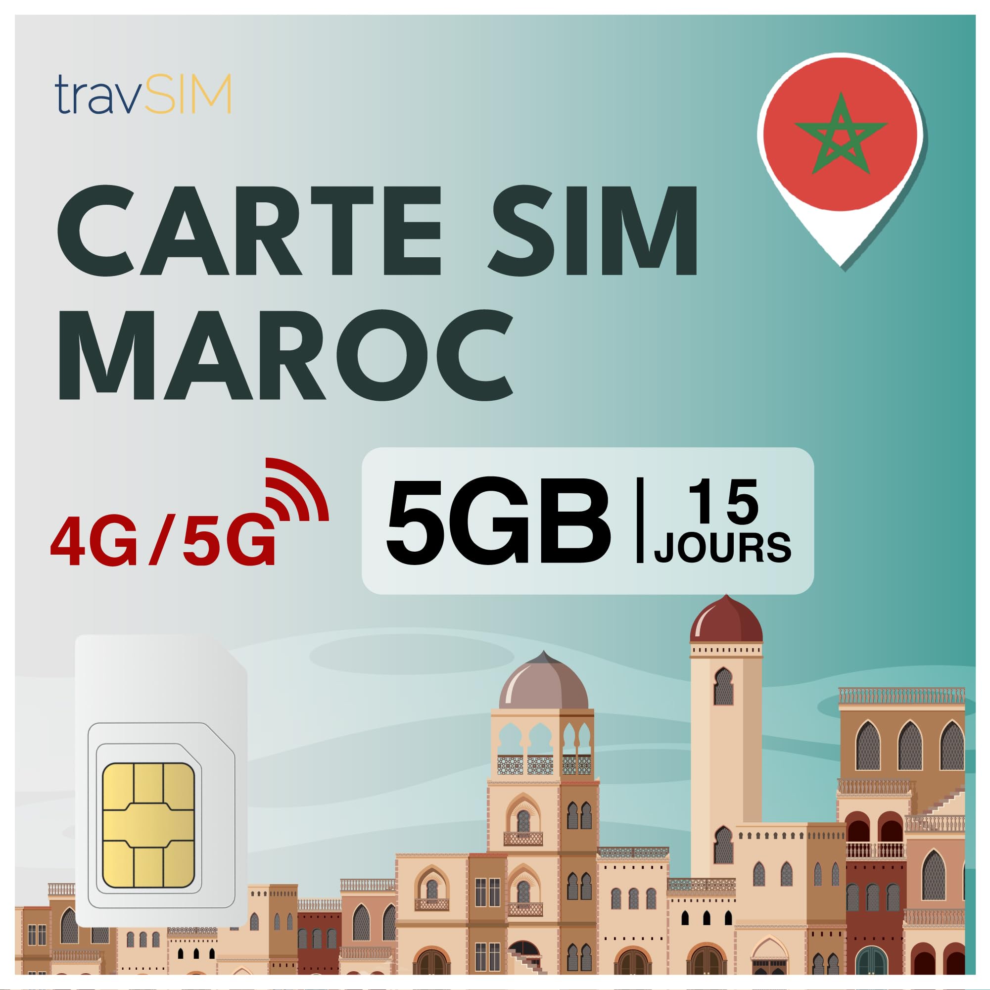 SIM Marocco di travSIM – 05GB 4G/LTE, 15 giorni – Solo dati prepagati per smartphone sbloccati, senza costi di roaming