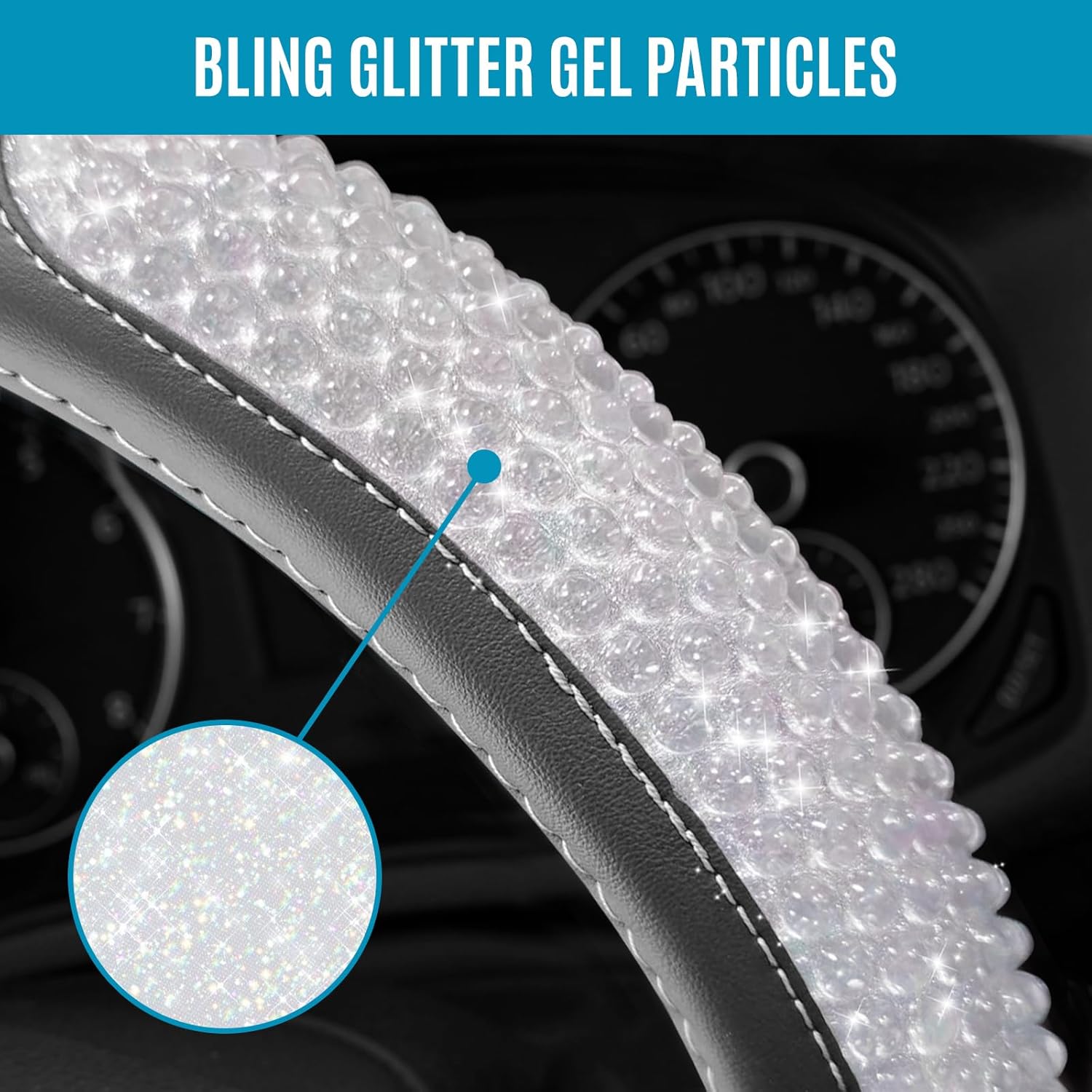 PIC AUTO Steering Wheel Cover, Glitter Gel Particles & Beige Luxury Leather Car Steering Cover, Universal Fit 14.5"-15.5" Anti-Slip Car Wheels Cover for Girls & Women - Image 4