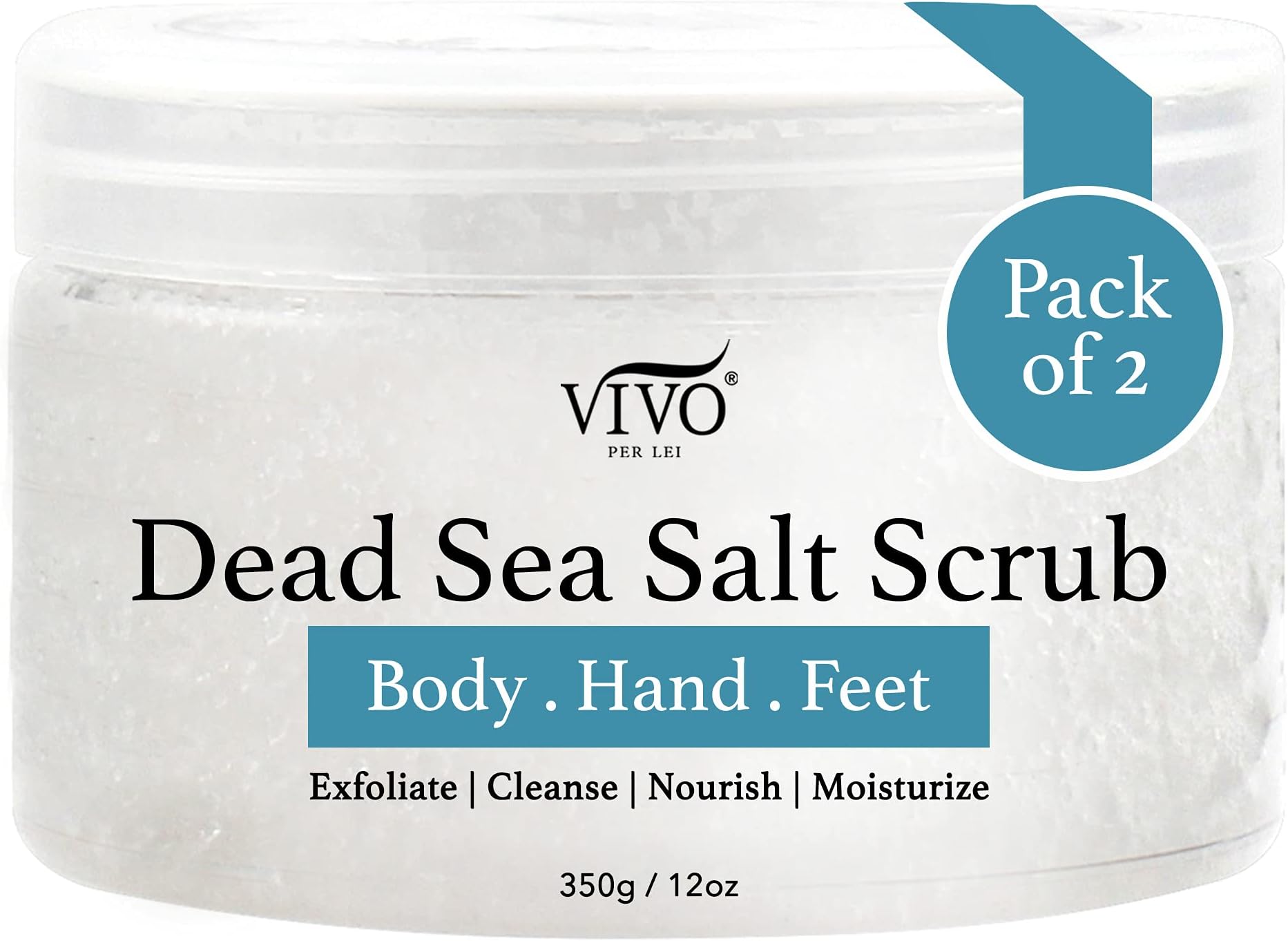 Vivo Per Lei Dead Sea Salt Scrub - Body Exfoliating Scrub with Dead Sea Minerals - Sea Salt for Hands, Feet & Body - Body Scrub to Gently Exfoliate Skin - Pack of 2