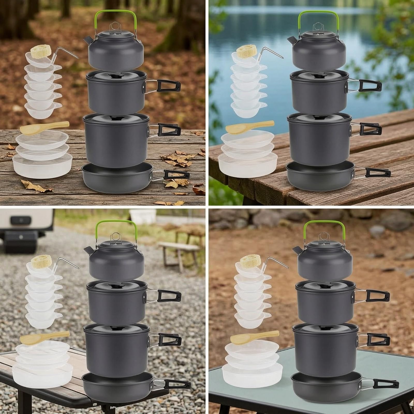 Baoblaze Ensemble Cuisson Camping avec Bouilloire Casserole Poêle Bols Plats Couverts pour Pique-nique Groupe Randonnée